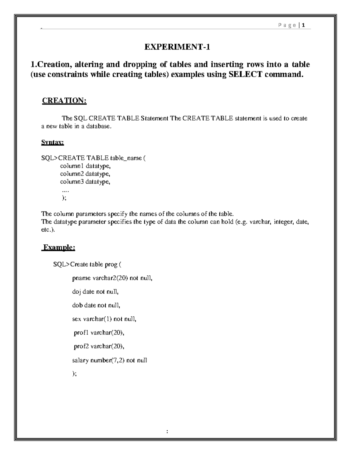DBMS LAB Manual R20-1: SQL Table Management & Query Techniques - Studocu