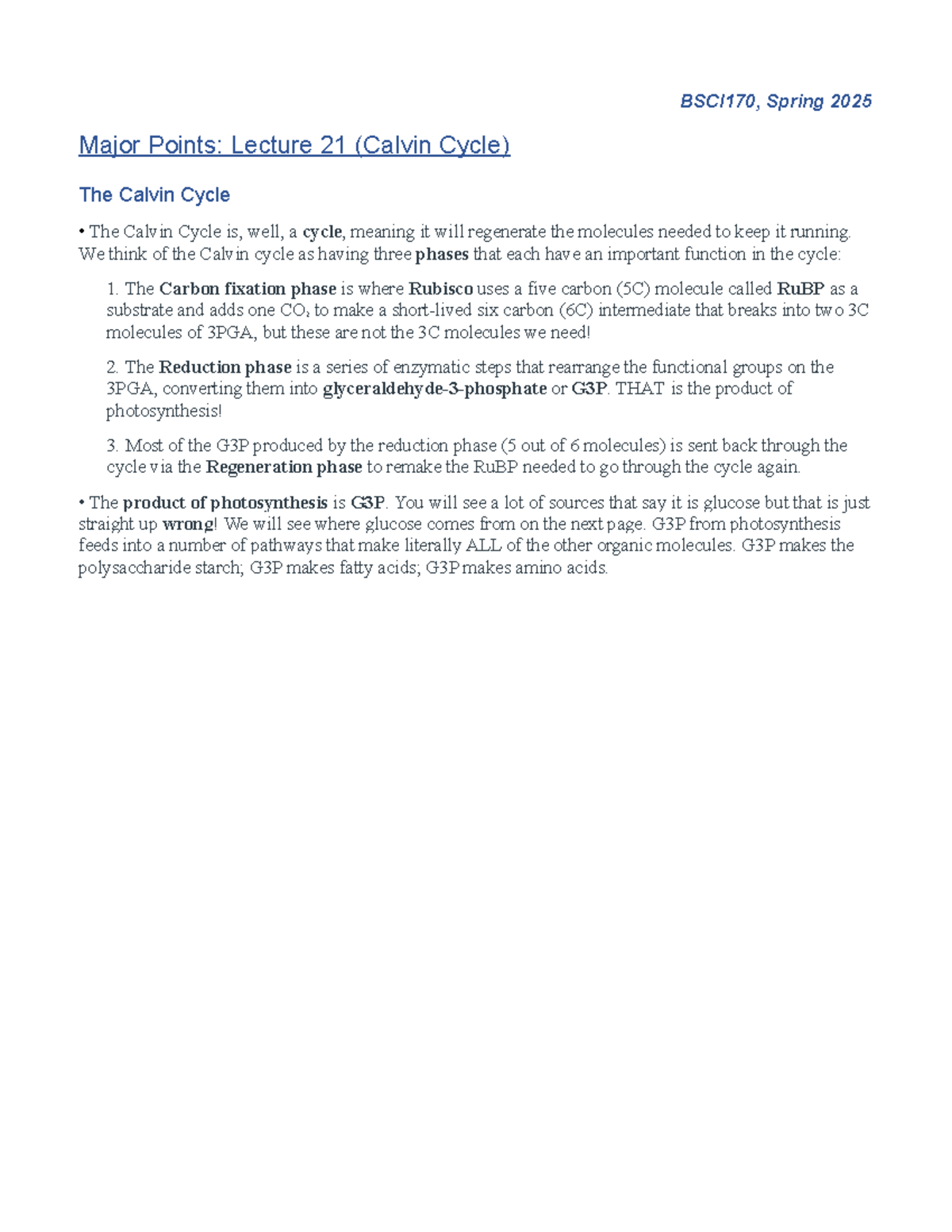 BSCI170 Lecture 21 Notes: Overview of the Calvin Cycle - BSCI170 ...