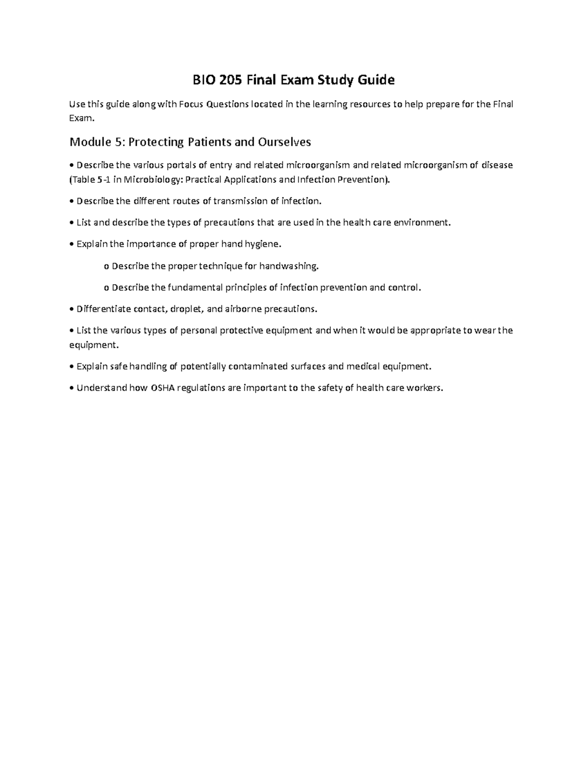 Module 5 BIO 205 Final Exam Study Guide: Infection Prevention and ...