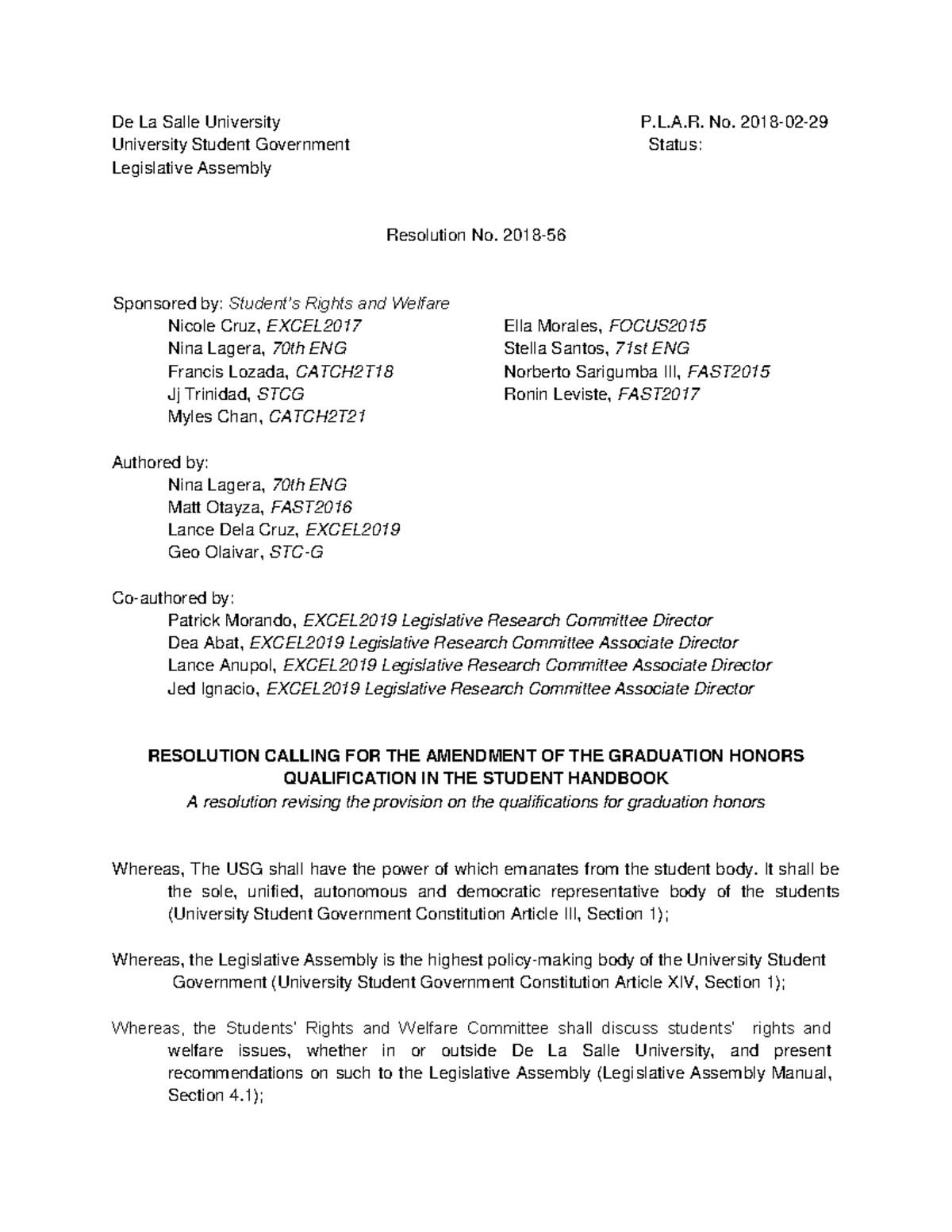Resolution No. 2018-56: Amending Graduation Honors Criteria at DLSU ...