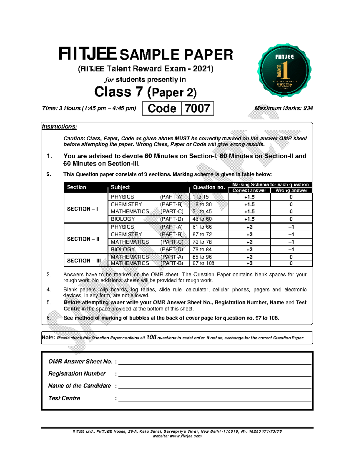 FTRE Sample Paper - Class 7th (Paper 2) - 2021 Exam Guide - Studocu