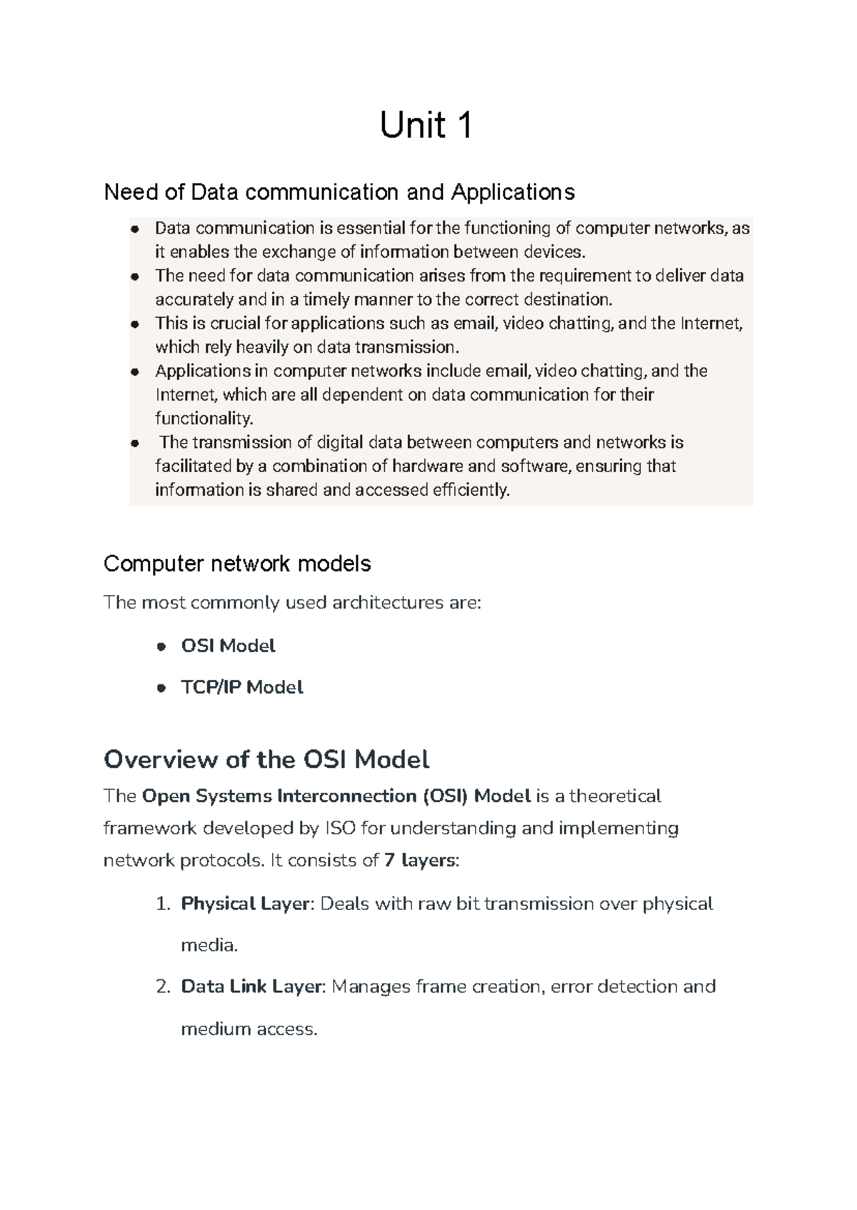 Unit 1: Importance of Data Communication & OSI Model Overview - Studocu