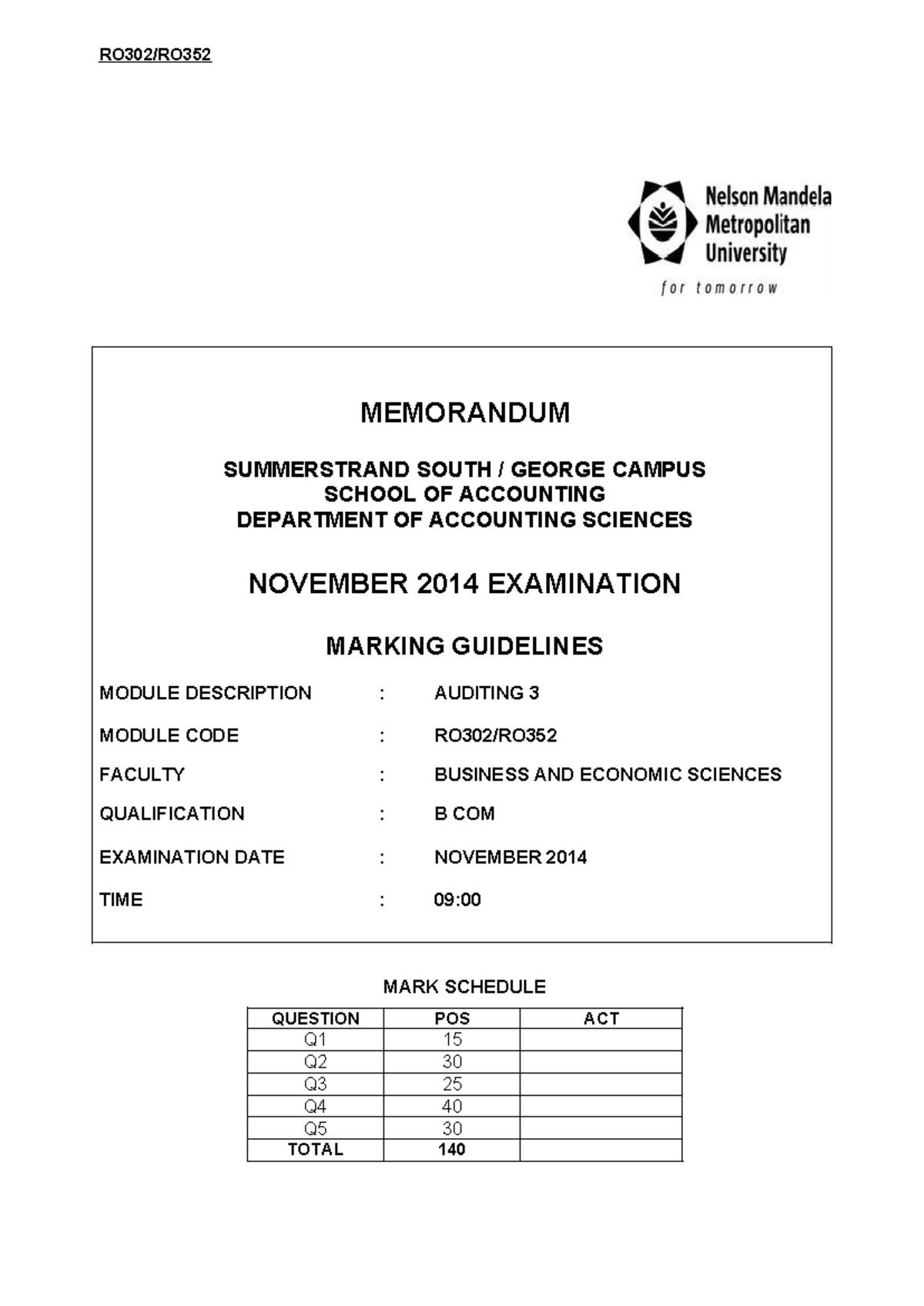 RO302 2014 Final Exam Solutions: Auditing 3 Marking Guidelines - Studocu