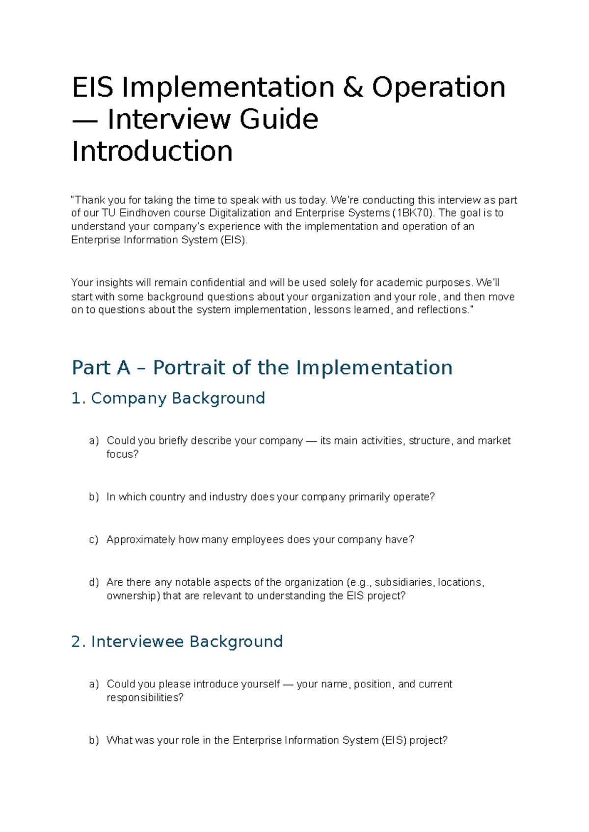 EIS Implementation Interview Guide for TU Eindhoven (1BK70) - Studeersnel