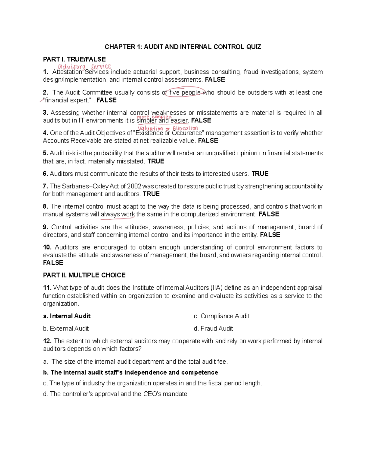 CHAPTER 1: AUDIT AND INTERNAL CONTROL QUIZ PART I & II - Studocu