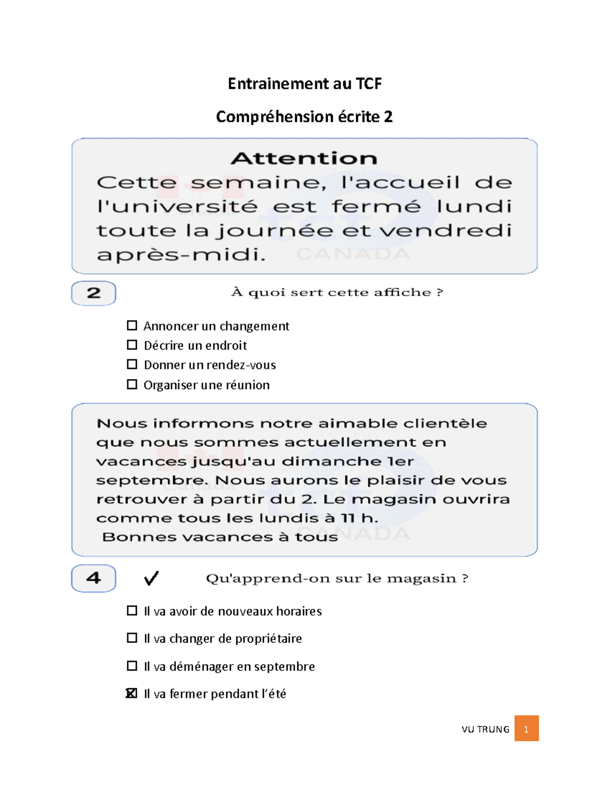 CE 2 - TCF Compréhension Écrite: Pratique et Exemples - Studocu