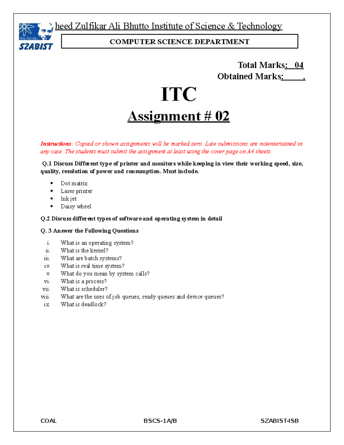 ITC Assignment 02 Solutions: Printers, Software & OS Insights - Studocu