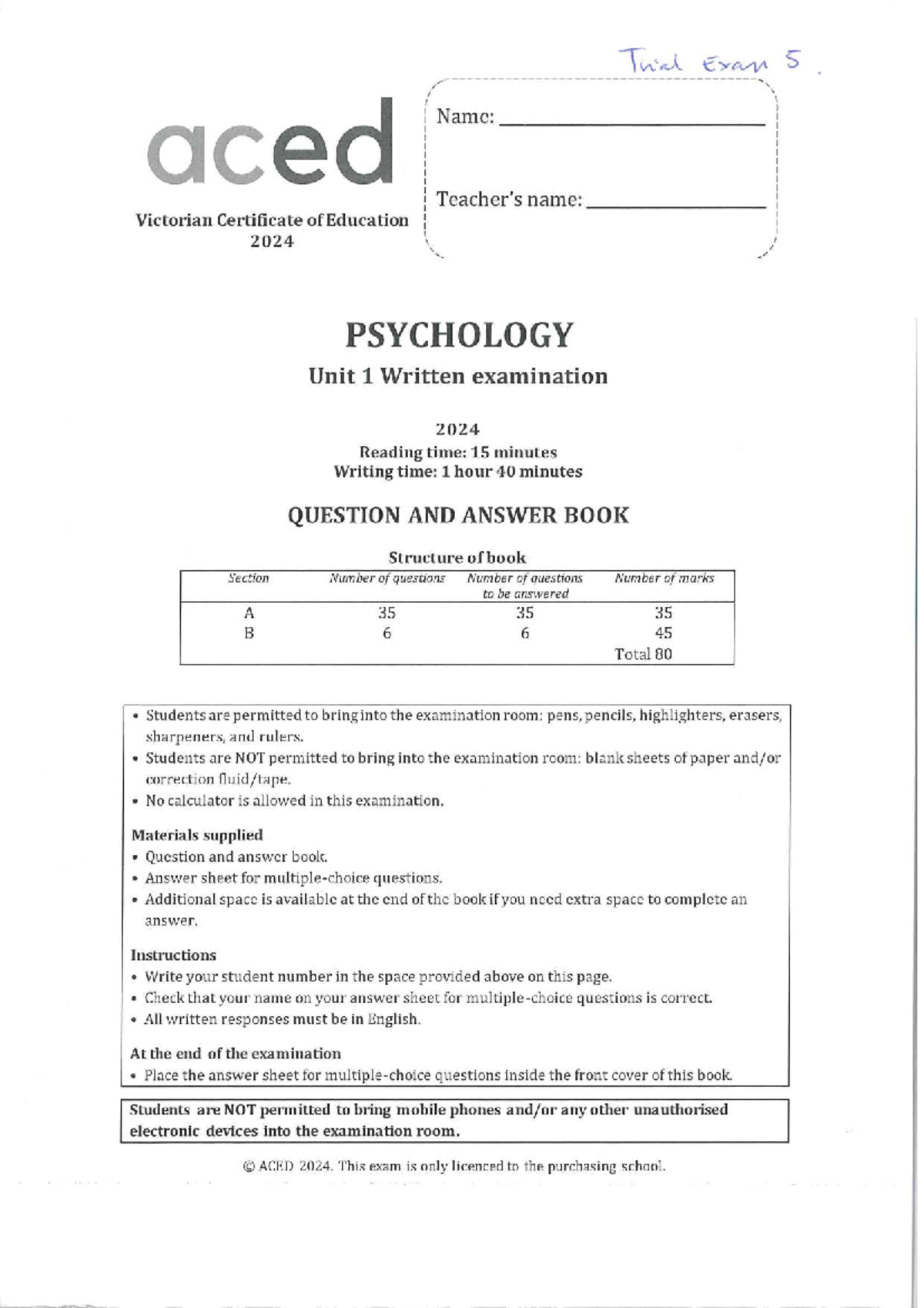 ACED 2024 Trial Exam 5 - Psychology Practice Questions - Studocu