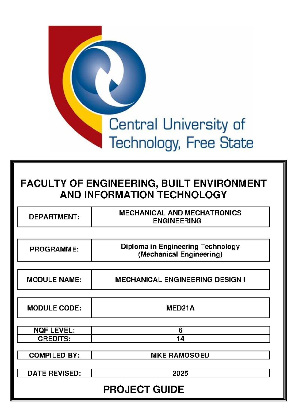 2025 MED21A Mechanical Engineering Design I Project Guide - Studocu