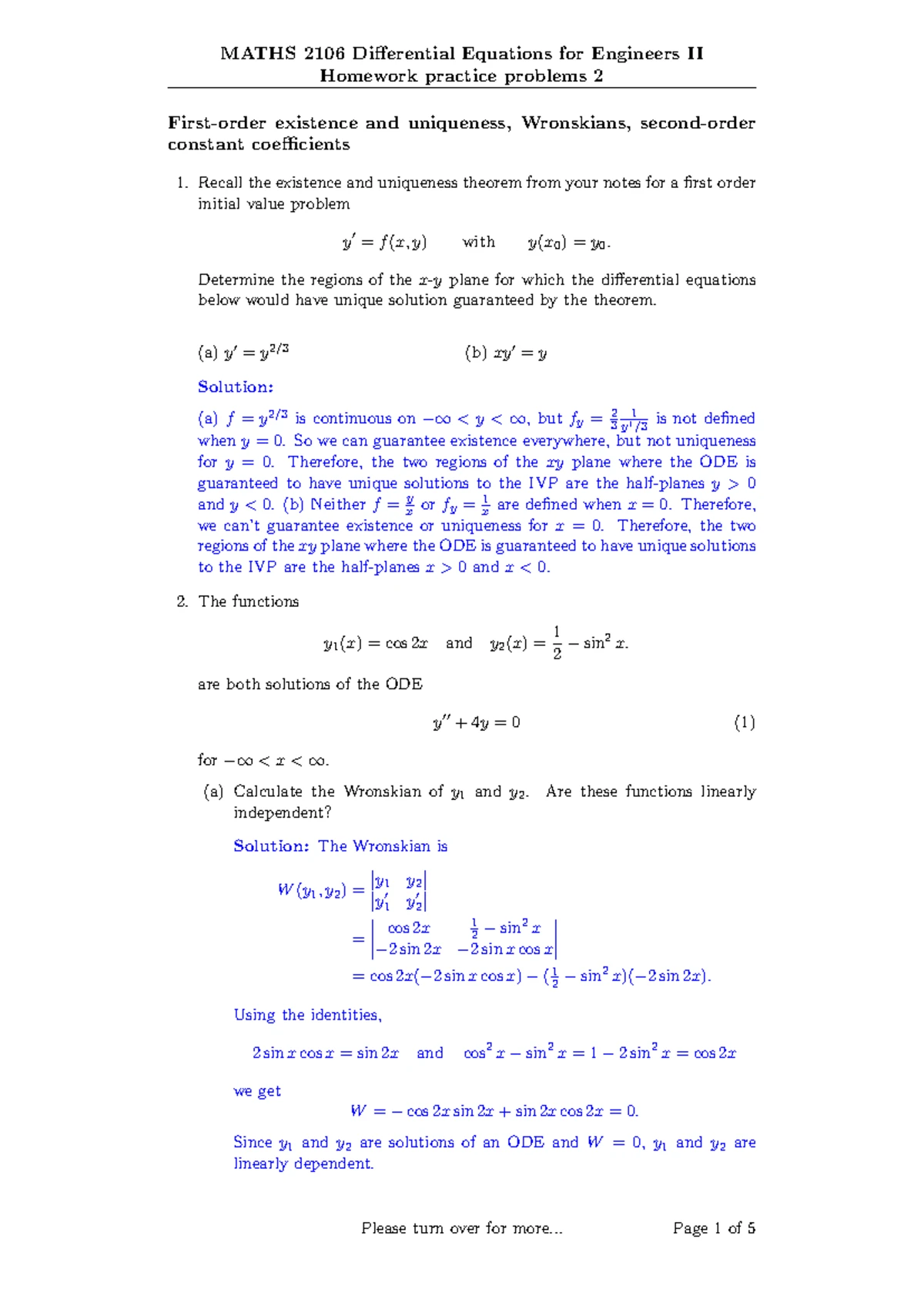 MATHS 2106 Differential Equations II Homework Practice Solutions - Studocu