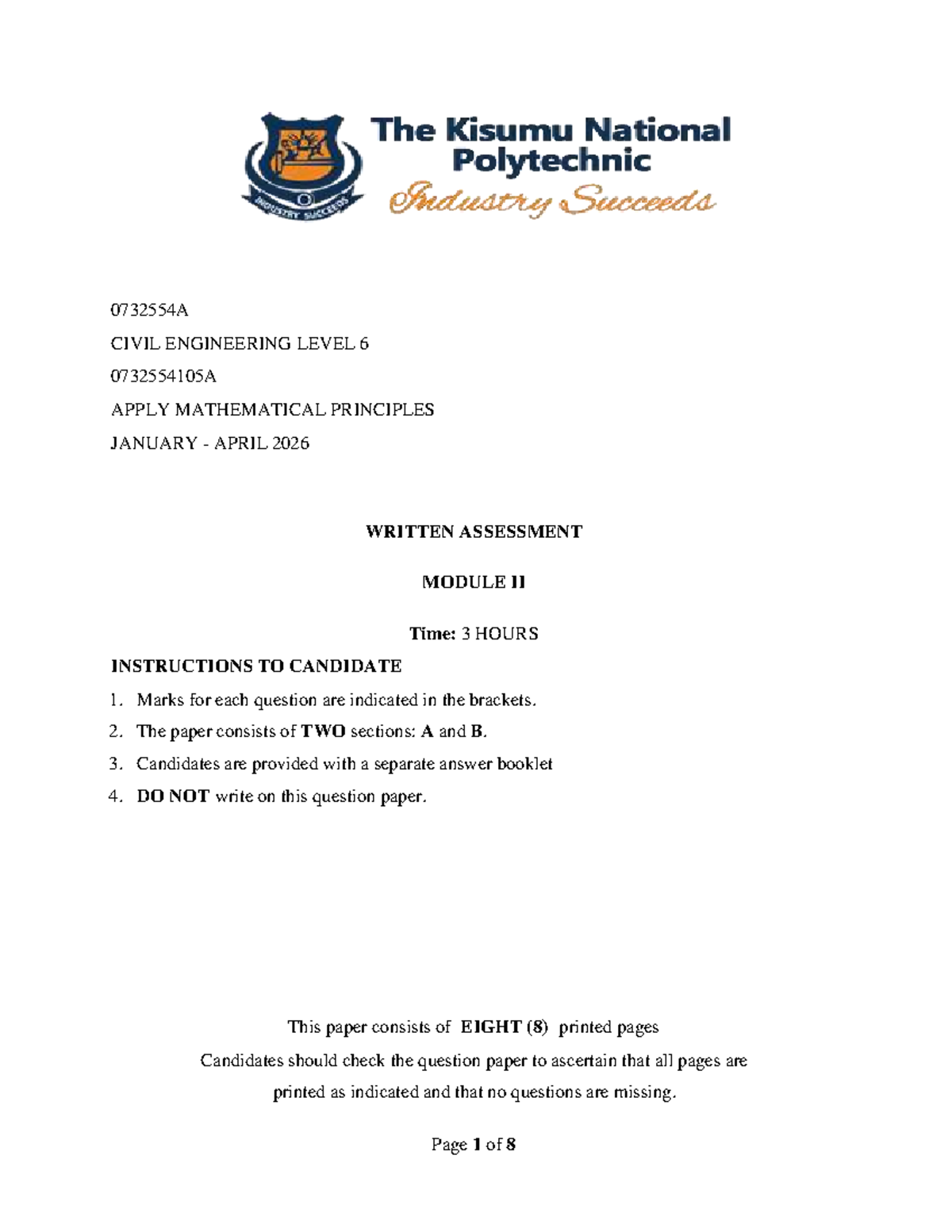 0732554A Civil Engineering Level 6: Math Principles Assessment Jan-Apr ...