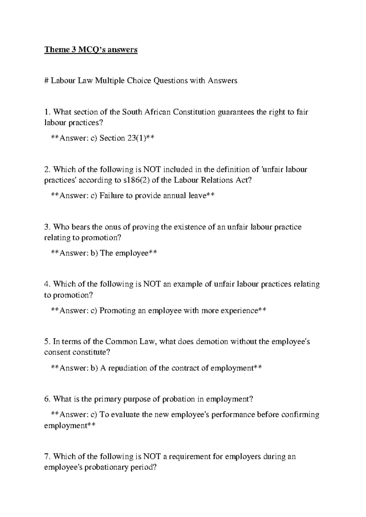 Labour Law MCQs Answers - Theme 3 Practice Questions Guide - Studocu