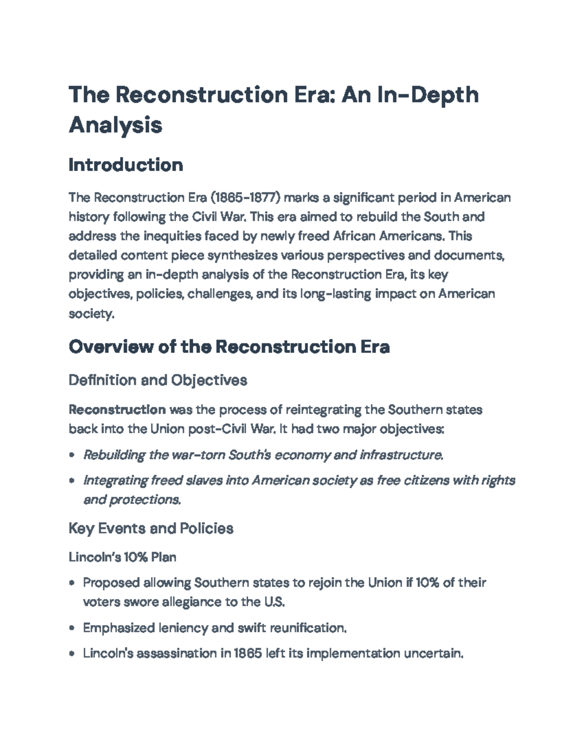 Reconstruction Era Analysis: Policies, Challenges, and Impacts (HIST101 ...