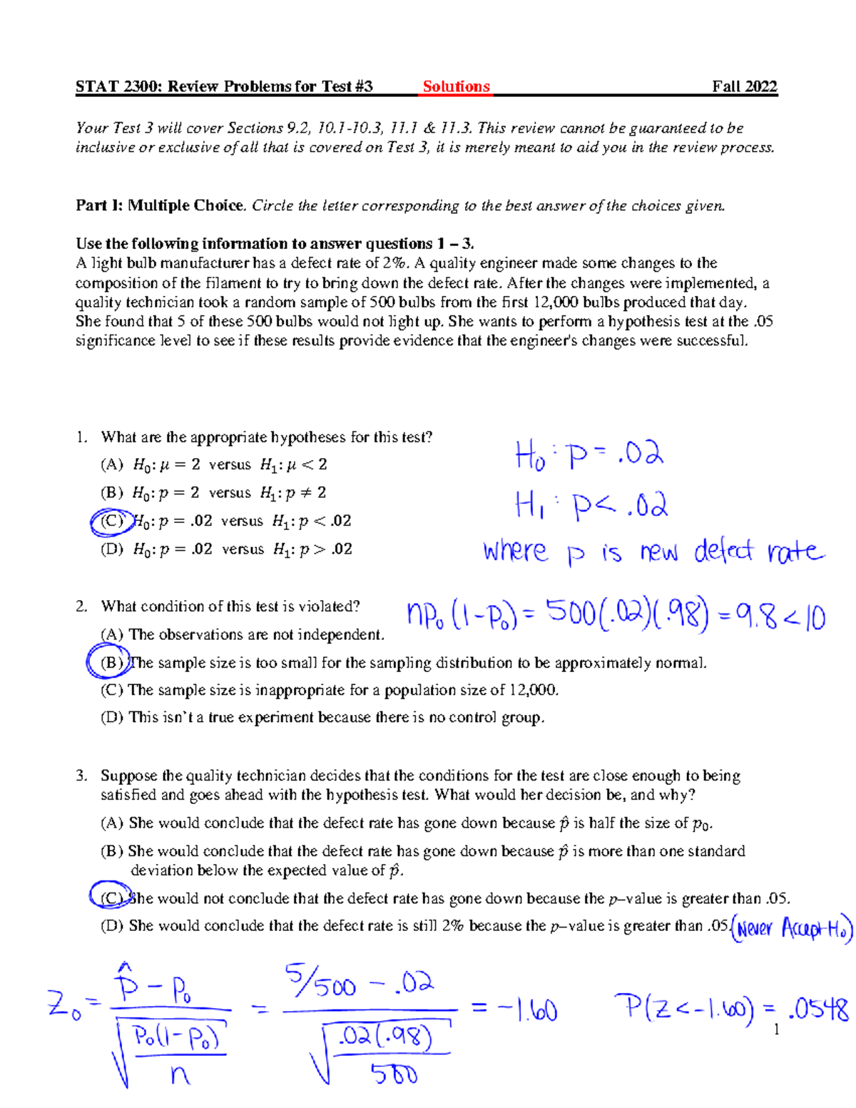 STAT 2300 Test 3 Review Solutions - Fall 2022 Summary - Studocu