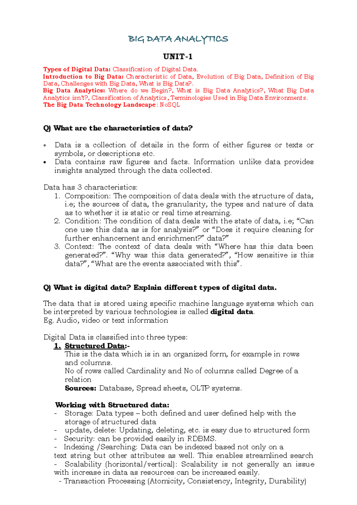 BDA UNIT-1: Introduction to Big Data & Analytics Notes - Studocu
