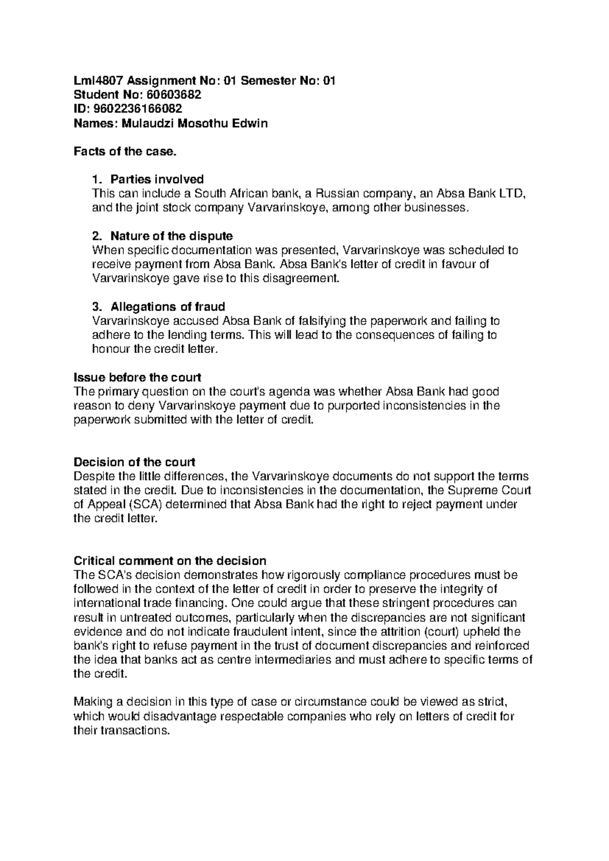 LML4807 Assignment 01: Case Study on Absa Bank Dispute - Studocu