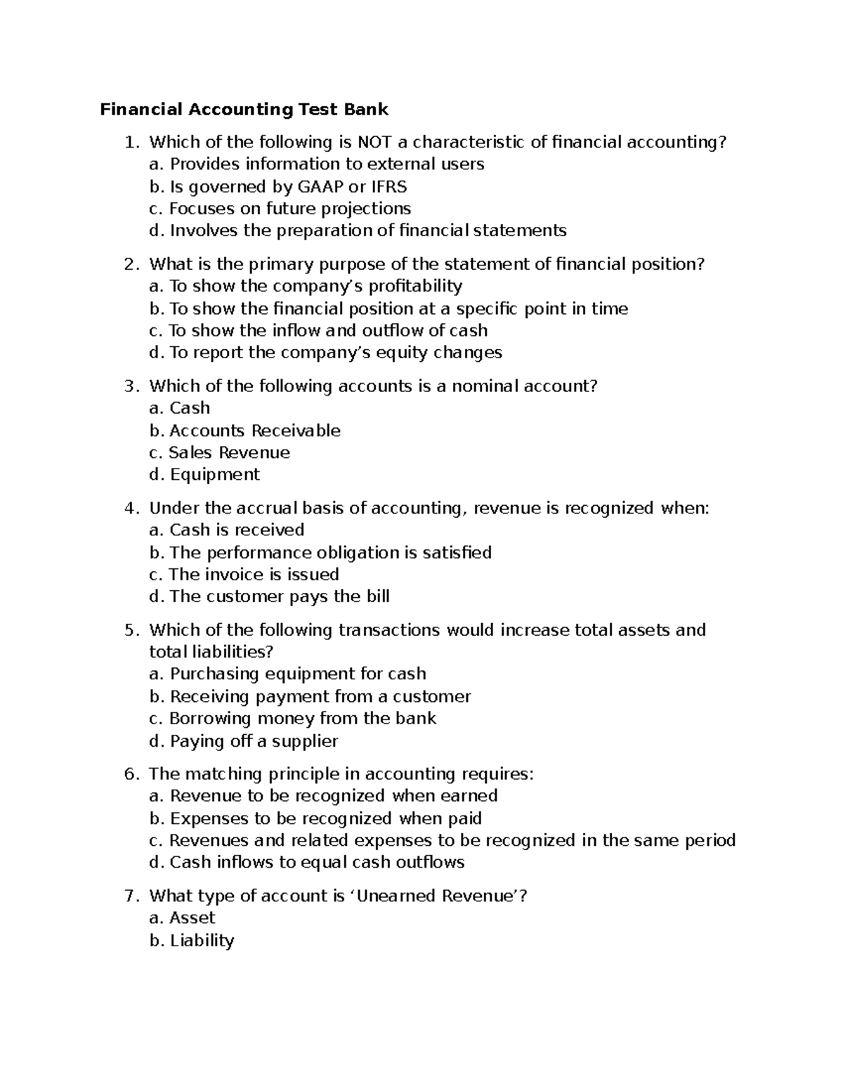 Financial Accounting Test Bank 1: Key Concepts & Questions - Studocu