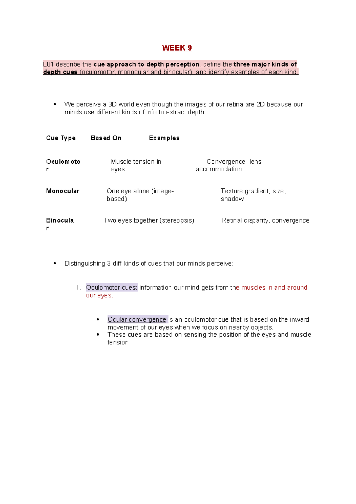 WEEK 9 L01: Depth Perception Cues in PSY 3032 - Detailed Notes - Studocu