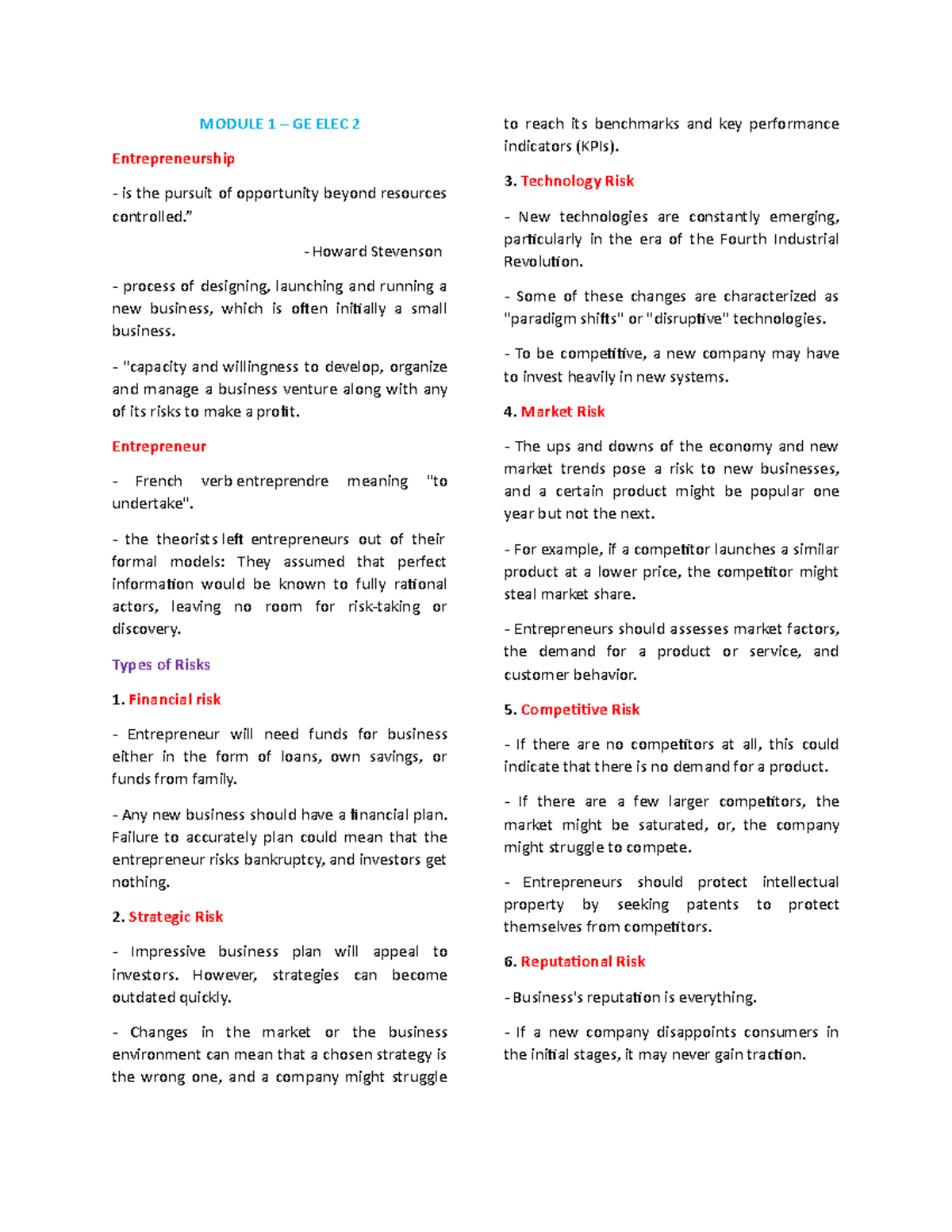 Module 1 - GE ELEC Reviewer - MODULE 1 – GE ELEC 2 Entrepreneurship is ...
