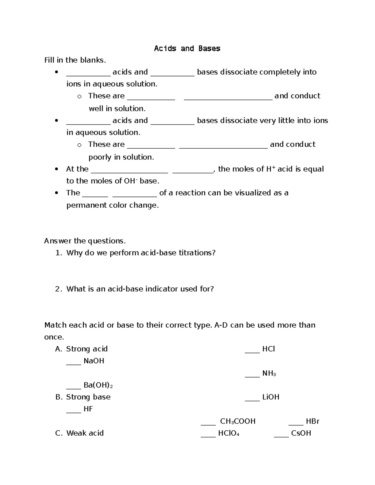 Acids and Bases Worksheet - Types, Properties, and Titration Concepts ...