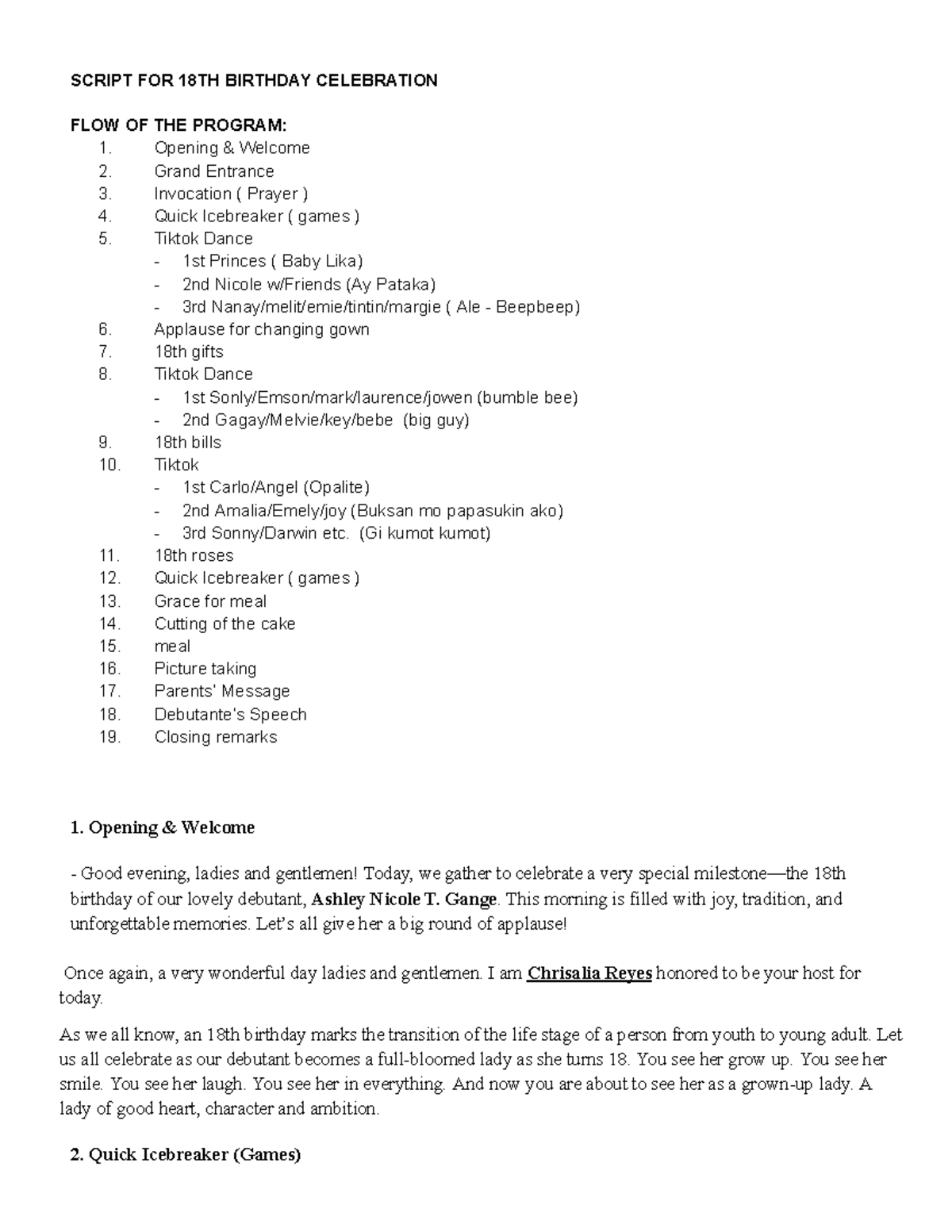 Script for 18th Birthday Celebration of Ashley Nicole T. Gange - Studocu