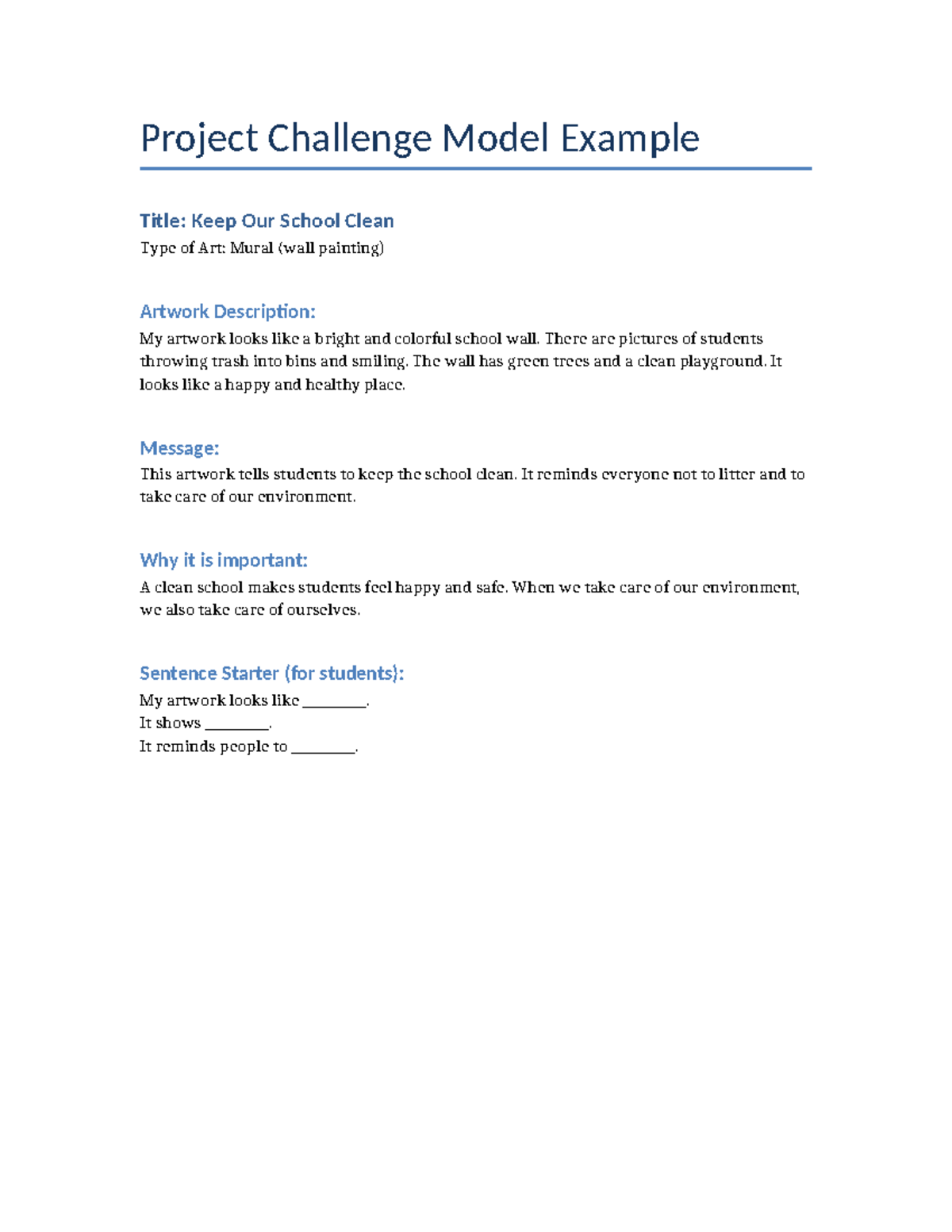 Project Challenge Model: Keep Our School Clean Mural Example - Studocu