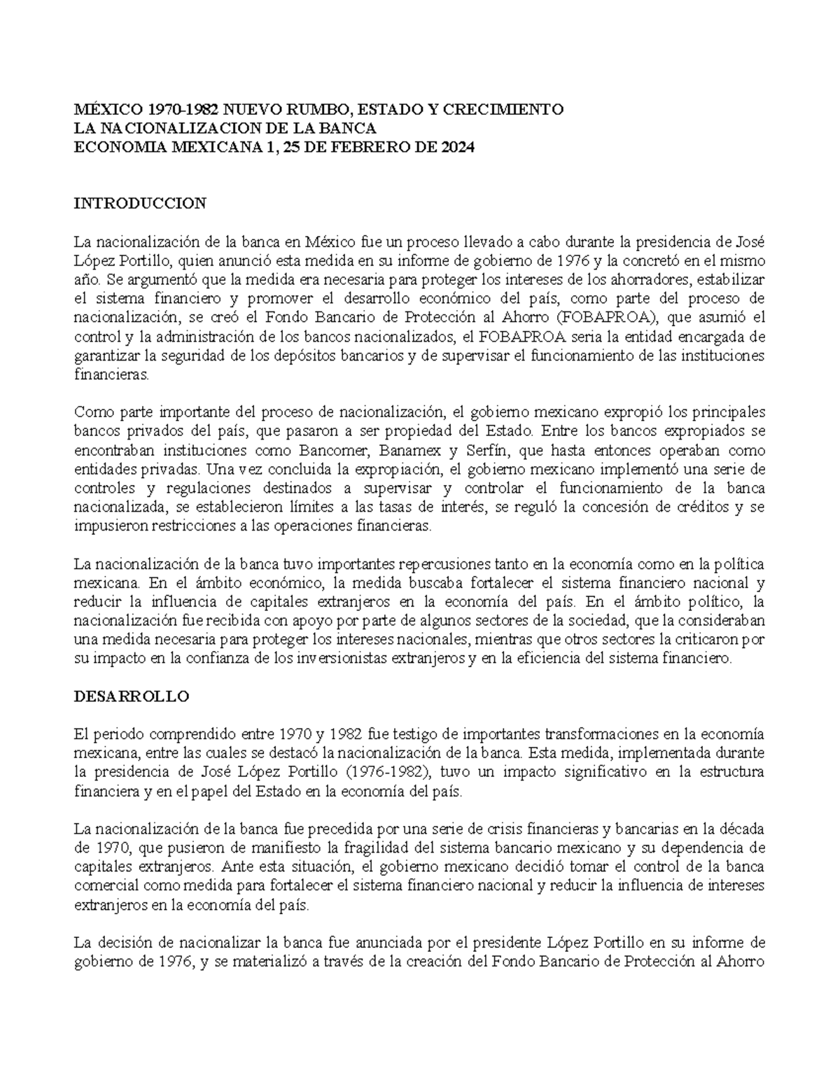 Nacionalización de la Banca en México: Análisis (ECO 1, 2024) - Studocu