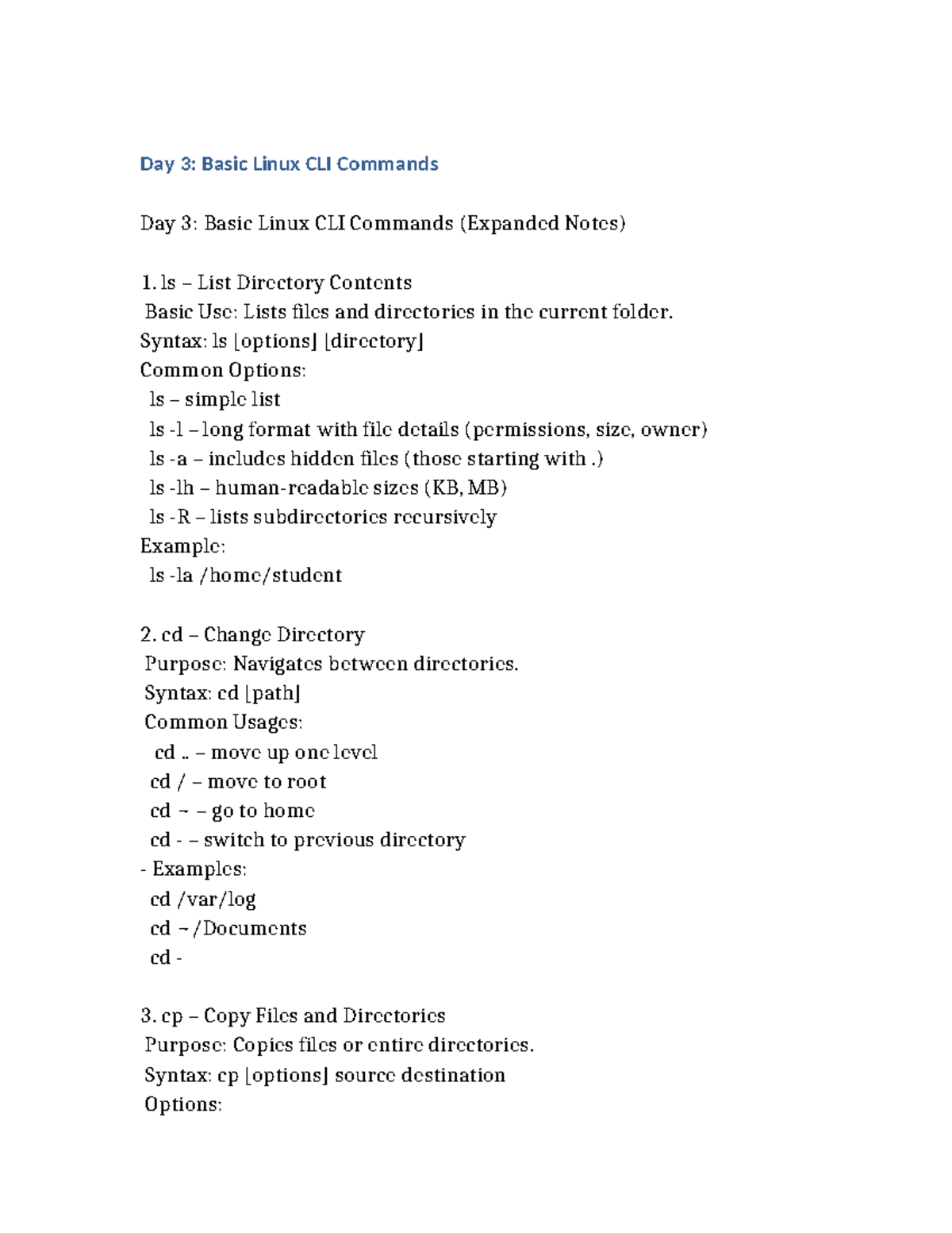 Linux CLI Day 3: Essential Commands and Usage Notes - Studocu