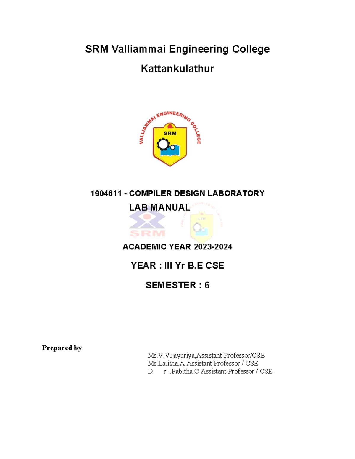 1904611 Compiler Design Laboratory Lab Manual 2023 - Studocu