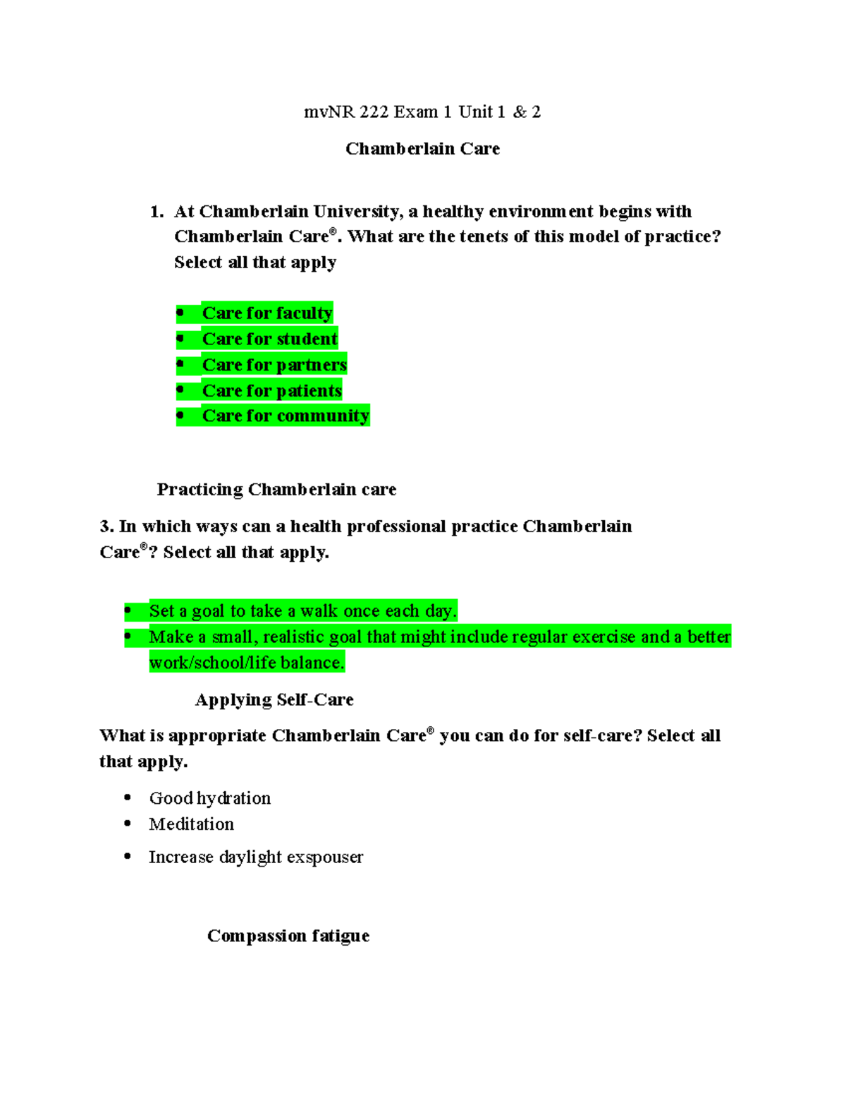 NR 222 Exam 1 Study Notes on Chamberlain Care and Wellness - Studocu