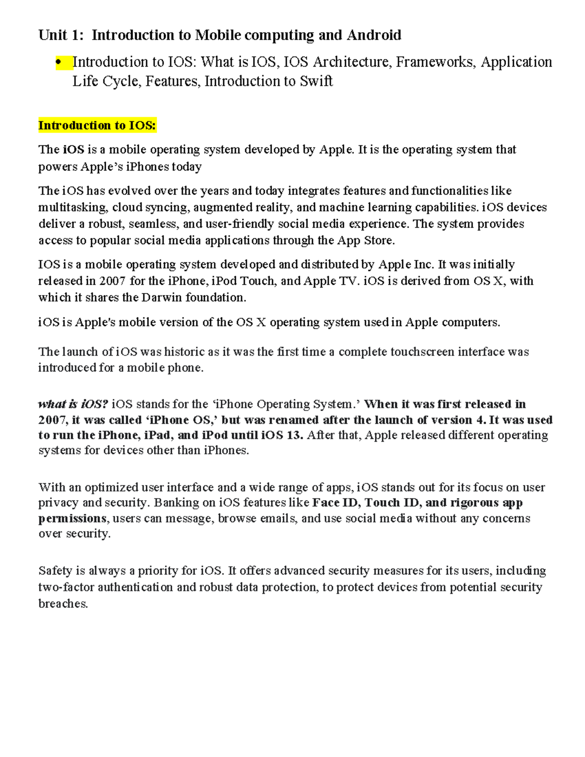 Unit 1: Introduction to iOS (IOS17385) - Architecture & Swift Features ...