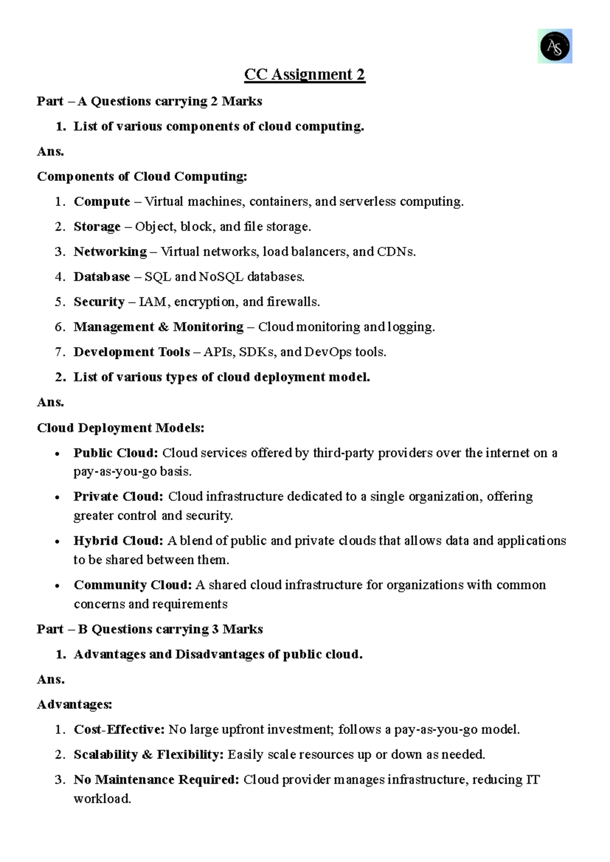 CC Assignment 3 - List of out various service model. Ans. 1. Software ...