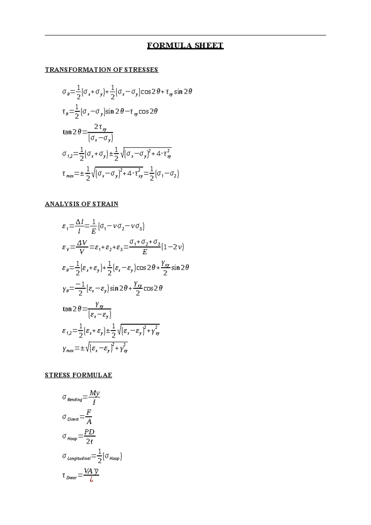 Stress-Strain Formula Sheet for Mechanics (CIV 101) - Studocu