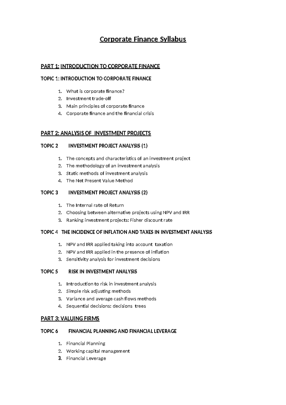 Corporate Finance Syllabus: Key Topics and Concepts Overview - Studocu