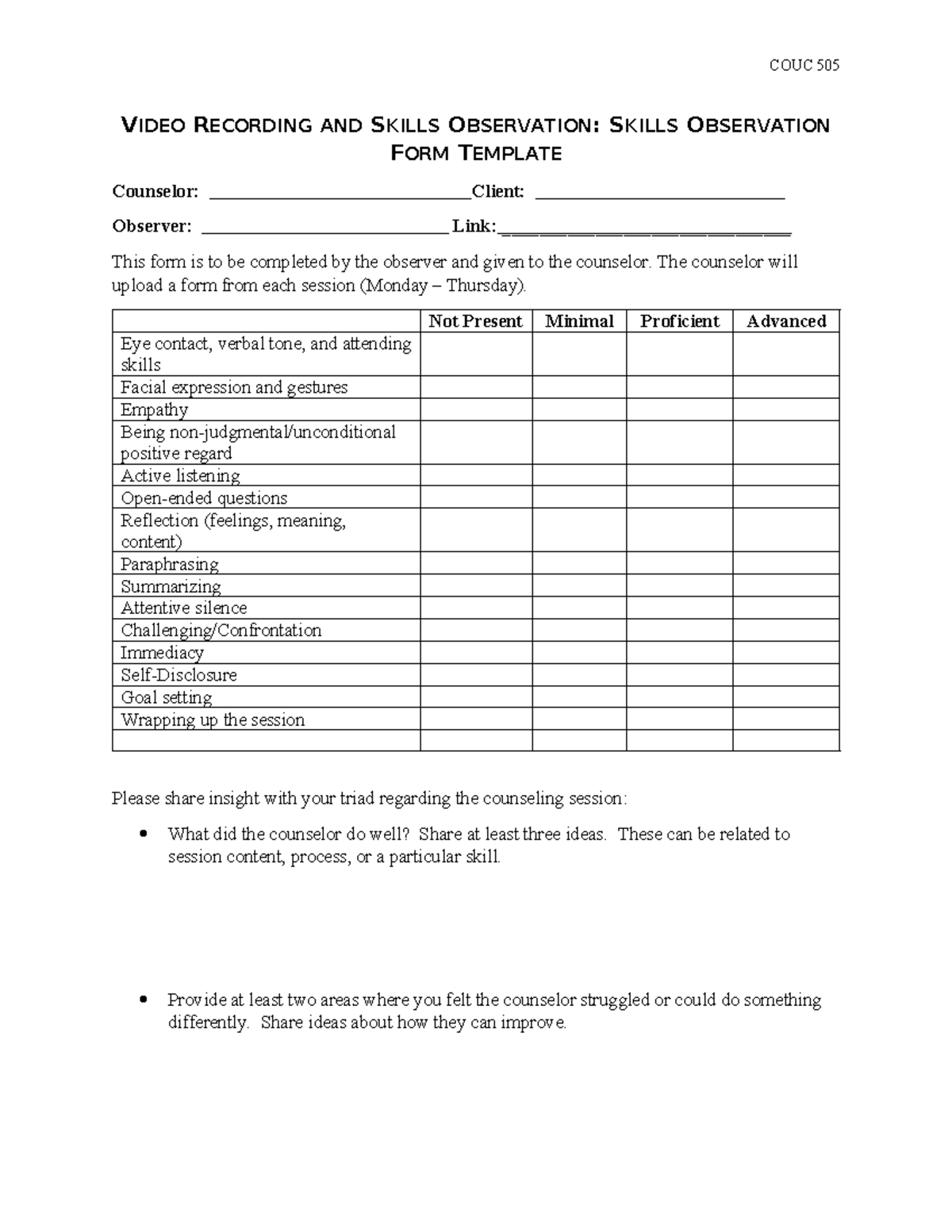COUC 505 Skills Observation Form Template for Counselors - Studocu