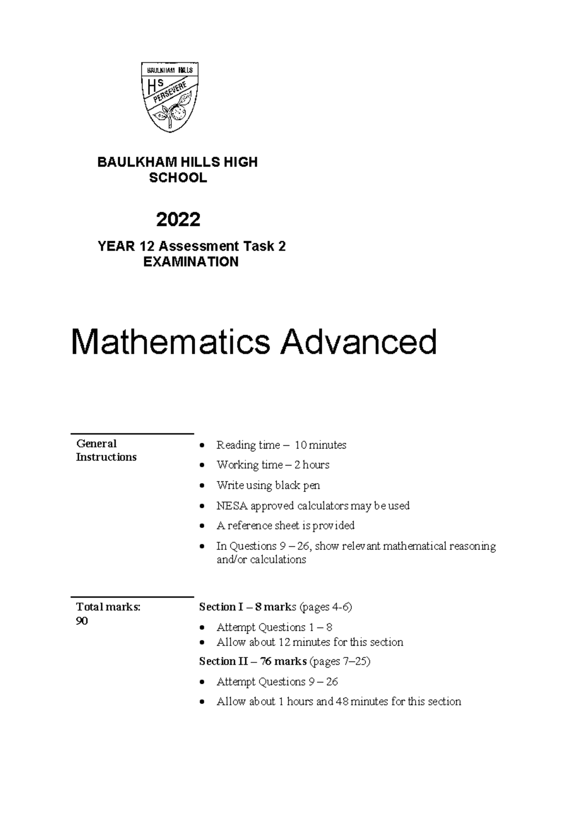 Mathematics Adv H2 2022 Final Exam Assessment Task 2 - Studocu