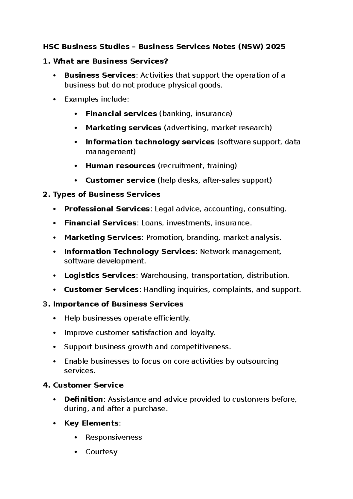 HSC Business Studies: Business Services Notes (NSW) 2025 - Studocu