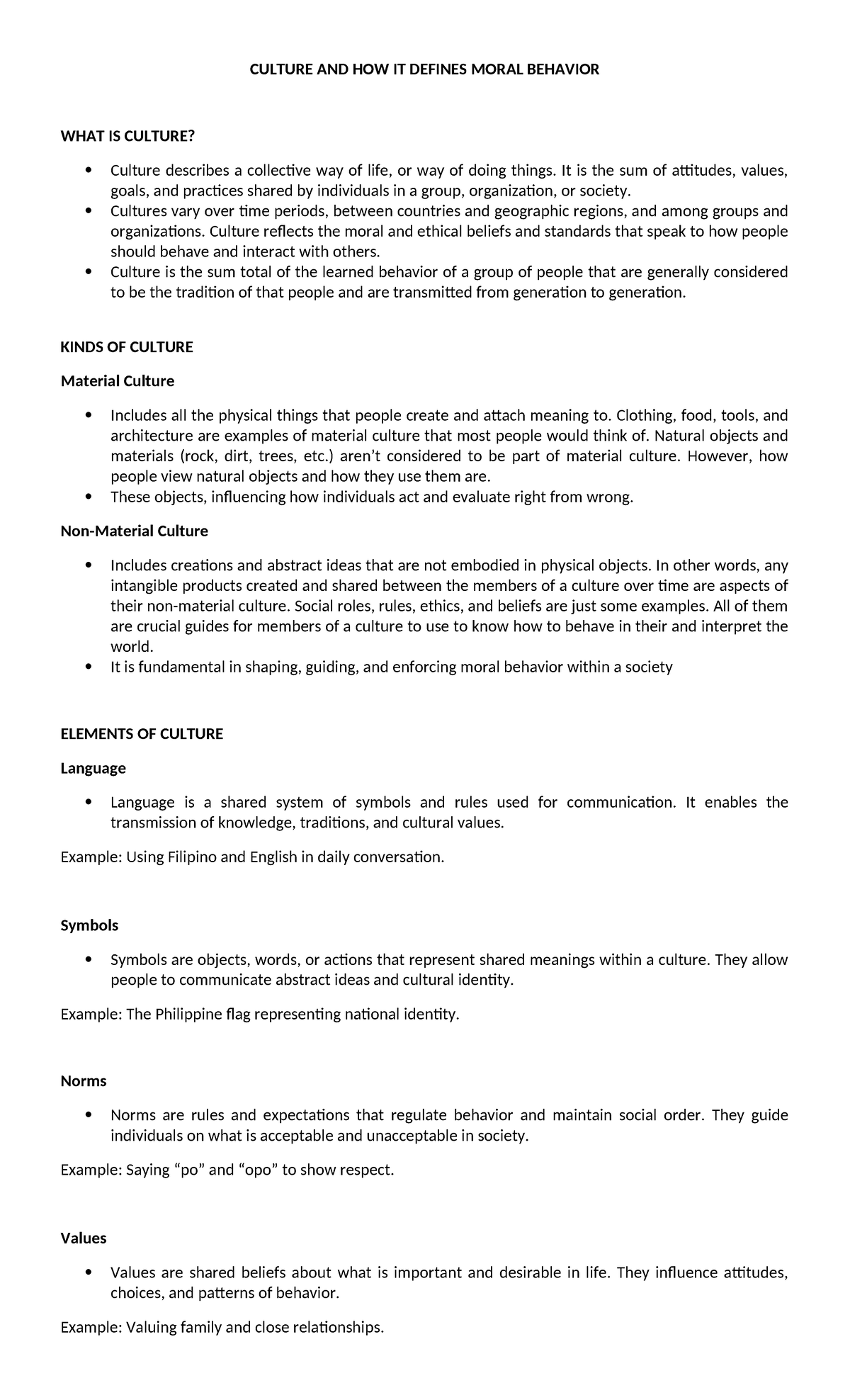 CULTURE AND MORAL BEHAVIOR: DEFINITIONS AND ELEMENTS - Studocu