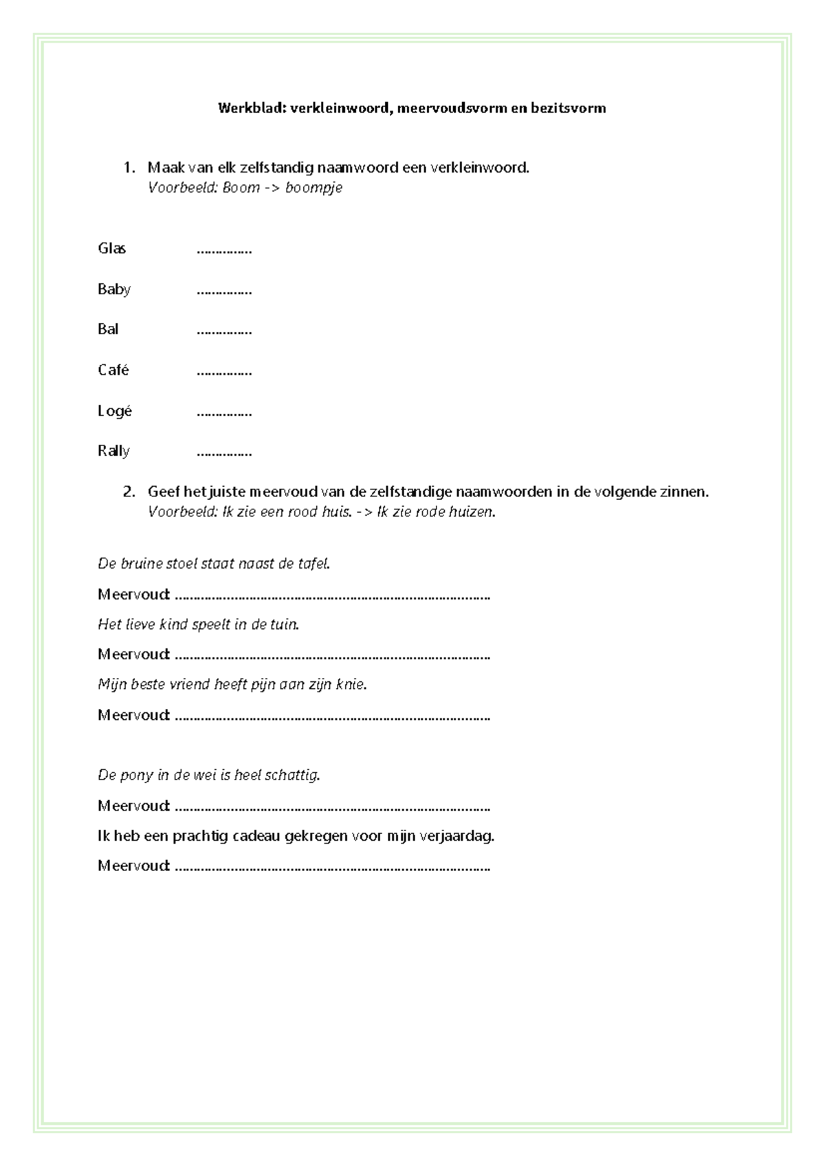 Werkblad - Verbuiging van het zelfstandig naamwoord - Werkblad ...