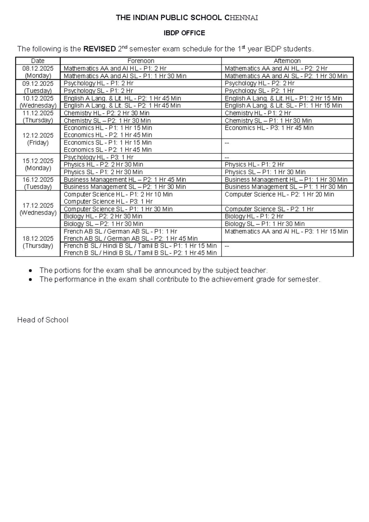 IBDP 1st Year Revised 2nd Semester Exam Schedule - Dec 2025 - Studocu