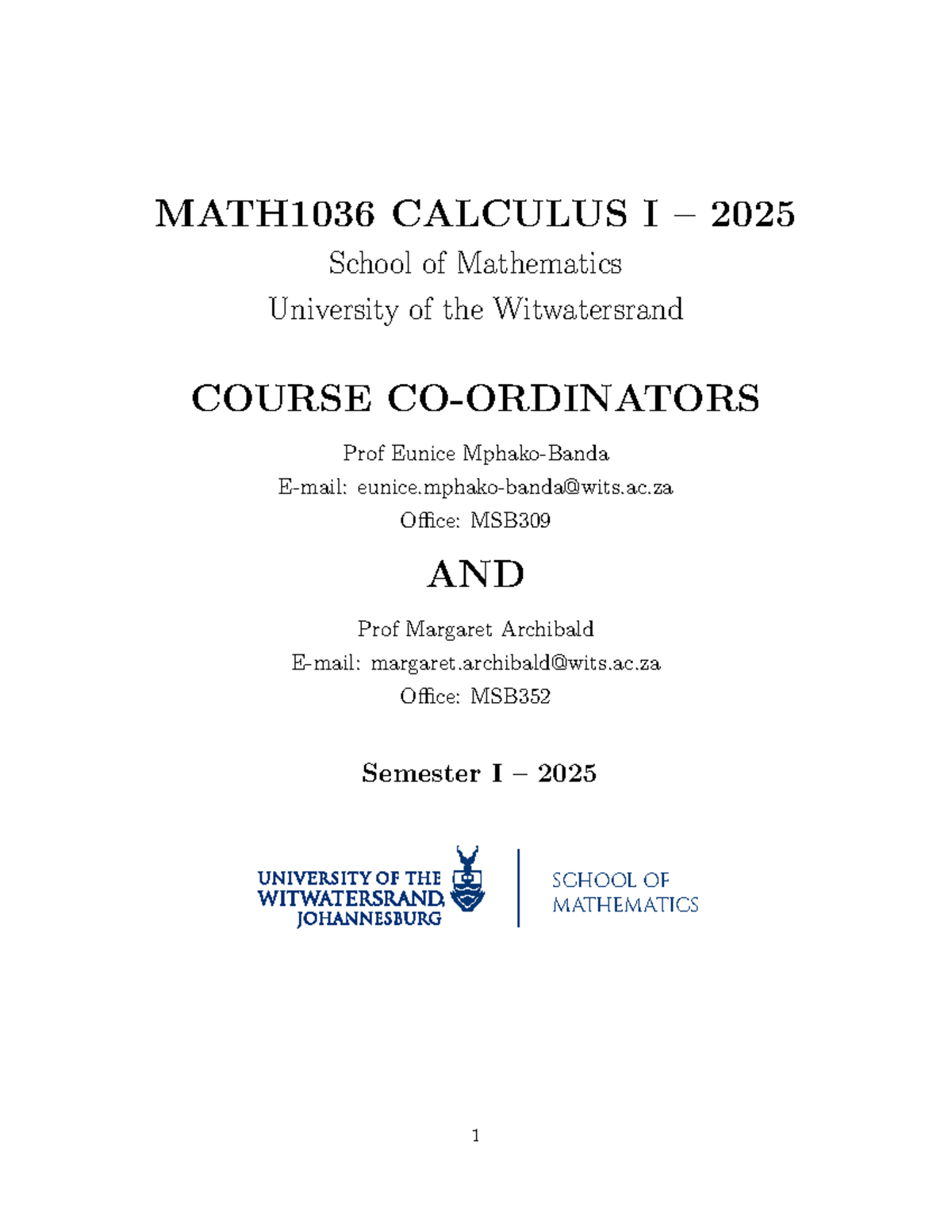 Math1036 information booklet 2025v3 - MATH1036 CALCULUS I – 2025 School ...