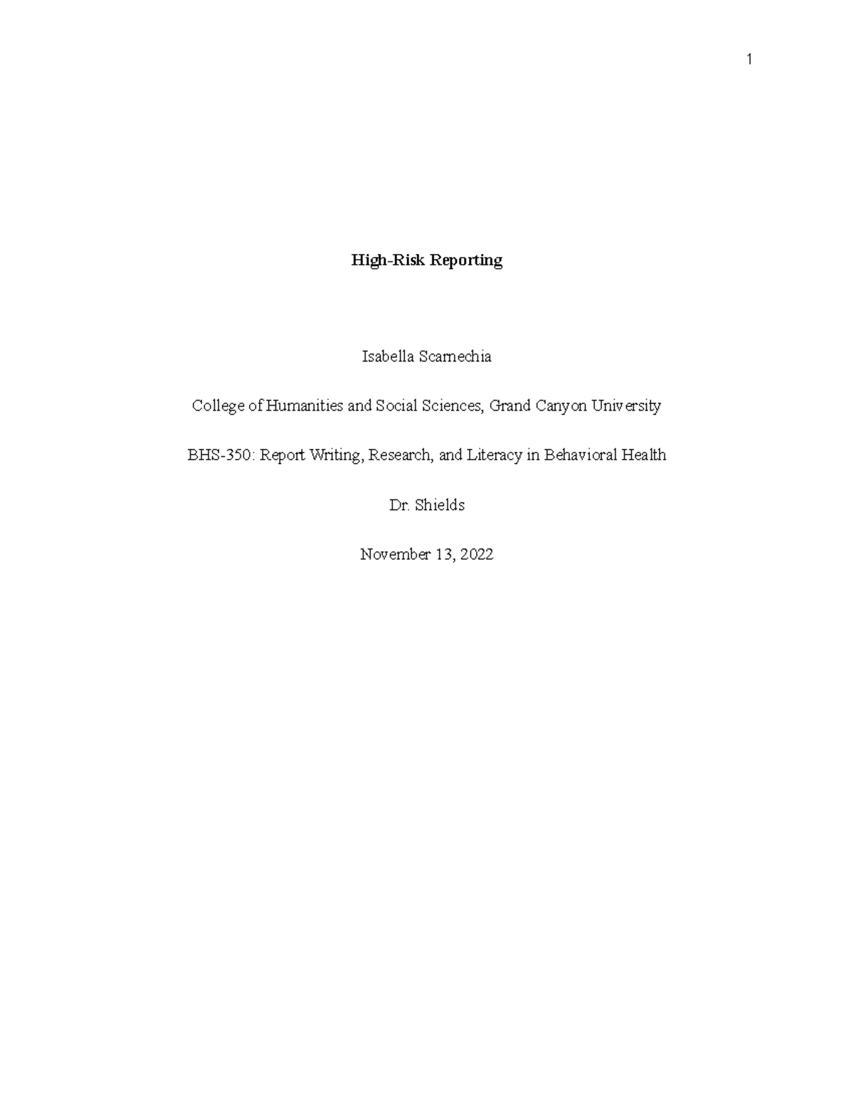 BHS-350 Final Report on High-Risk Population Documentation - Studocu