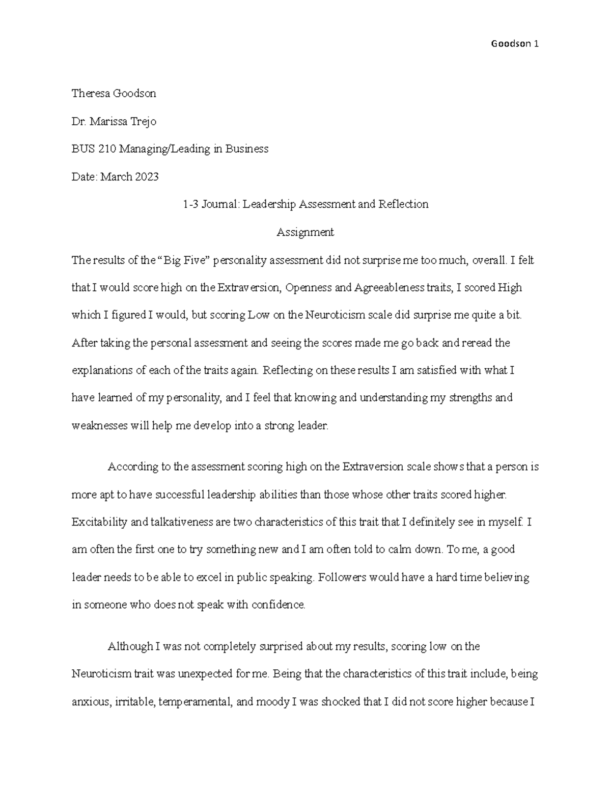 1-3 Journal Leadership Assessment and Reflection - Goodson 1 Theresa ...