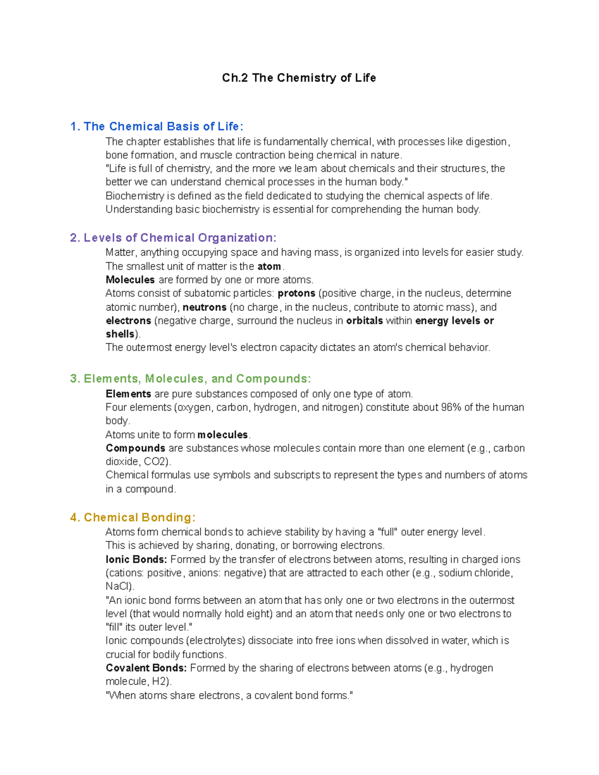 Ch. 2 Chemistry of Life: Understanding the Chemical Basis of Existence ...