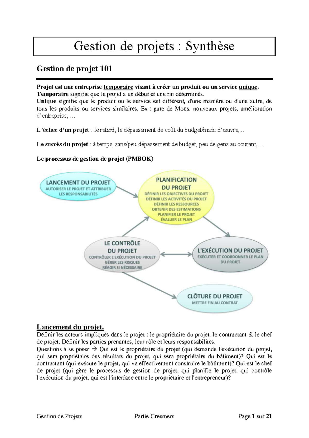 Synthèse Gestion de Projet 101 : Concepts et Méthodes Clés - Studocu