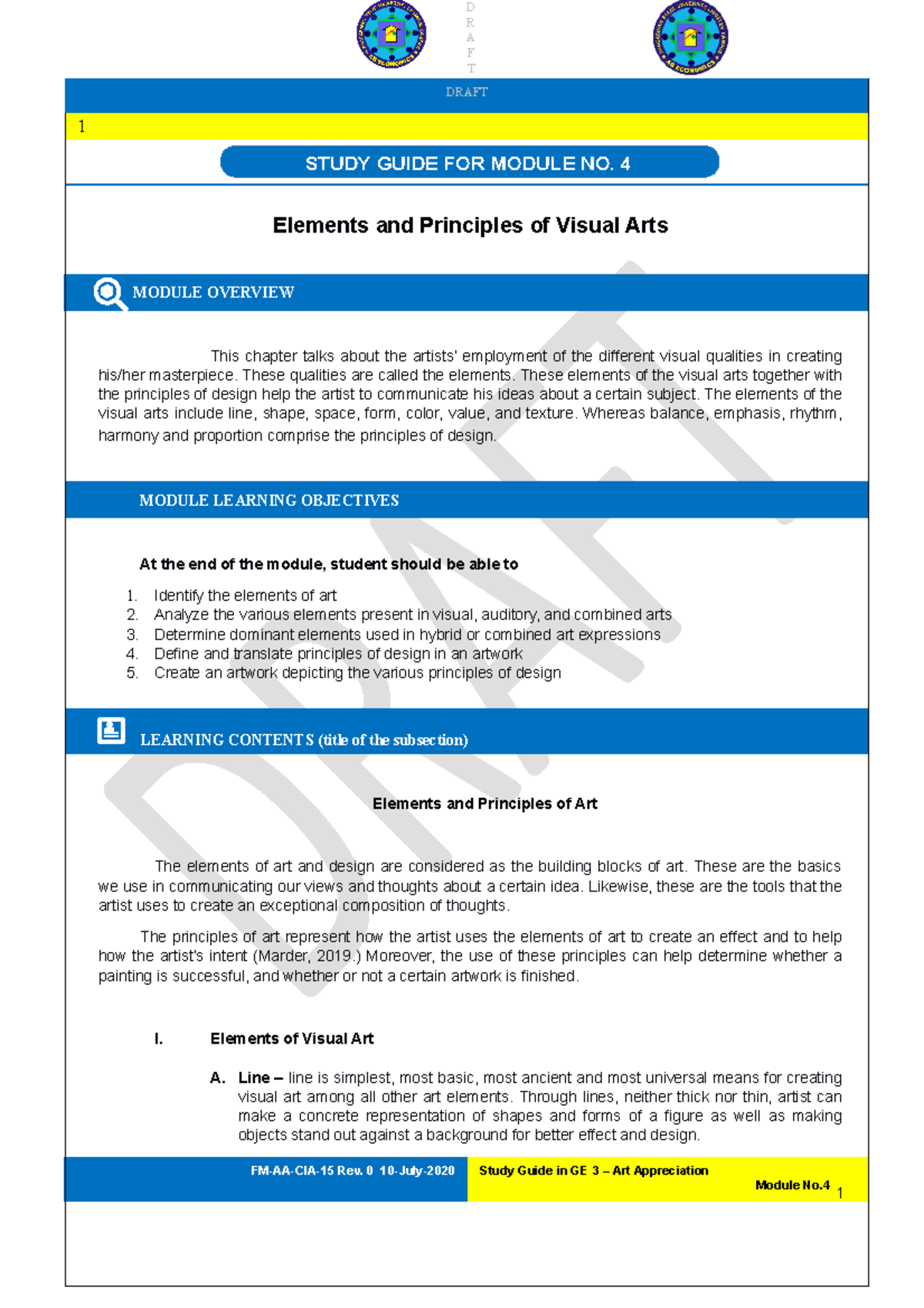 GE 3 Study Guide 4.1 - Elements & Principles in Art Appreciation - Studocu