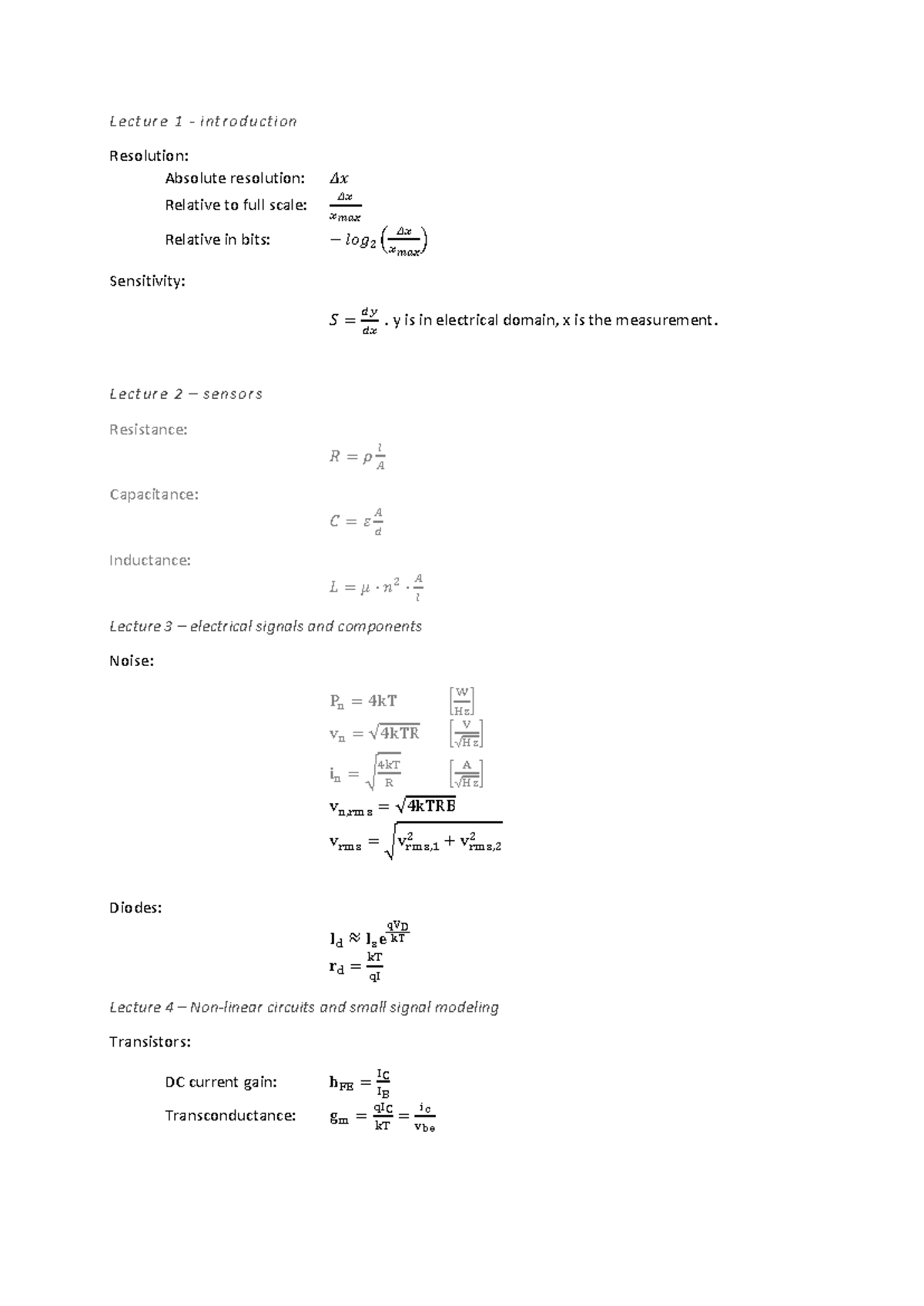 Amplifiers and Instrumentation Formula Sheet (ENGR 101) - Studeersnel