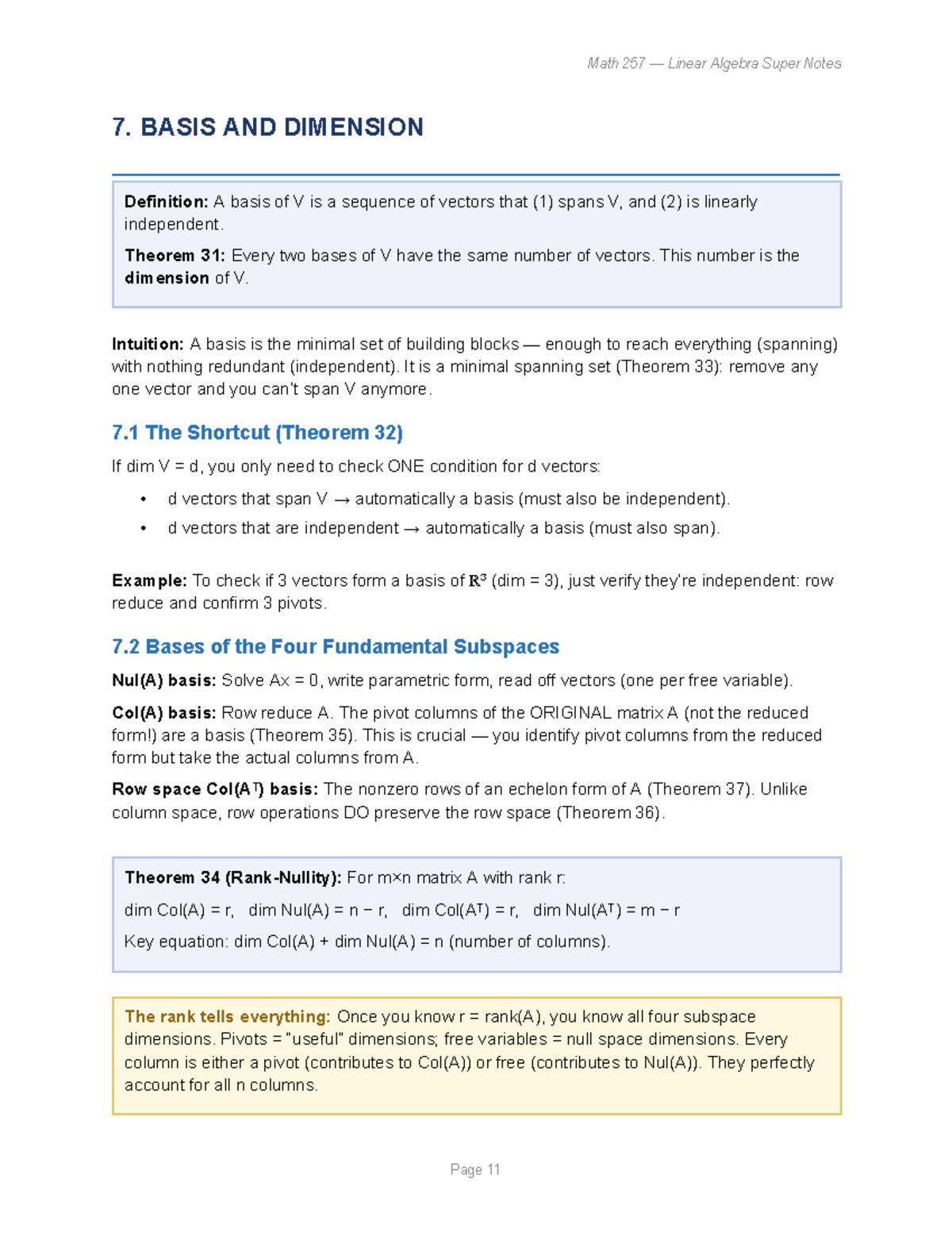 Math 257 Linear Algebra: Super Notes on Basis and Spanning Sets - Studocu
