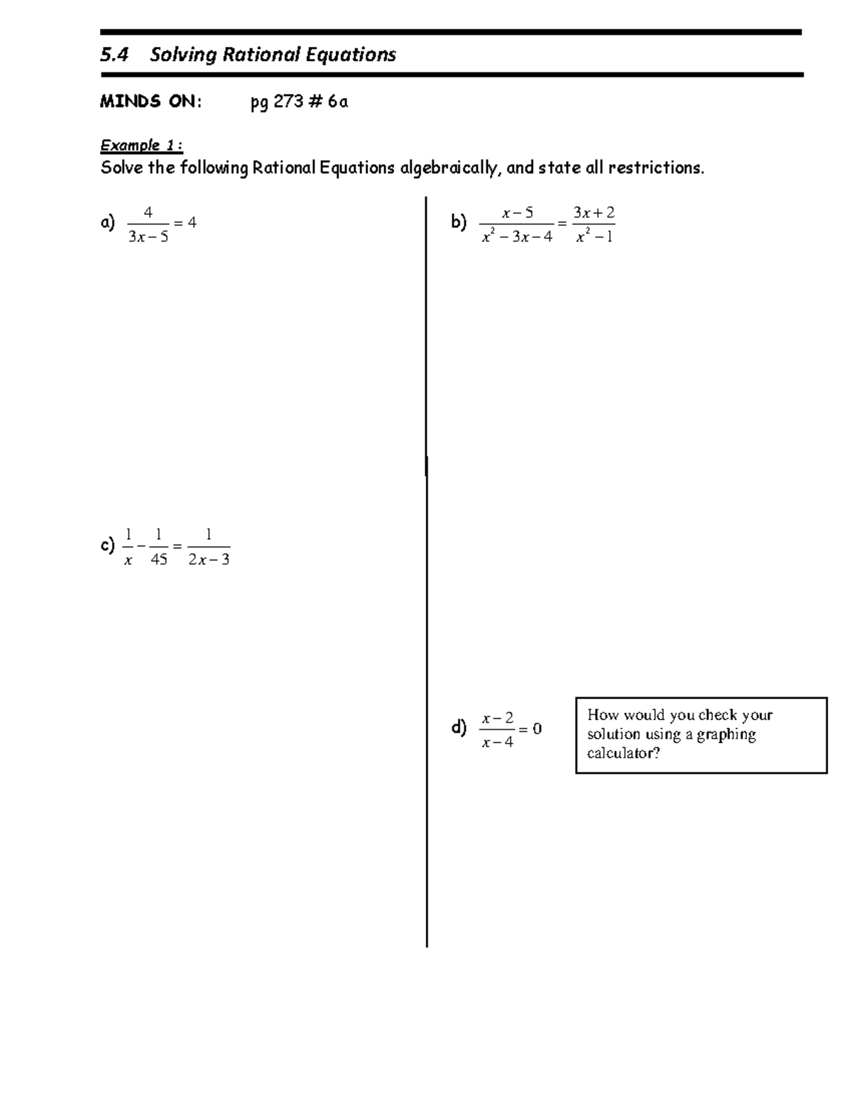 5.4 Solving Rational Equations: Examples & Graphing Check - Studocu