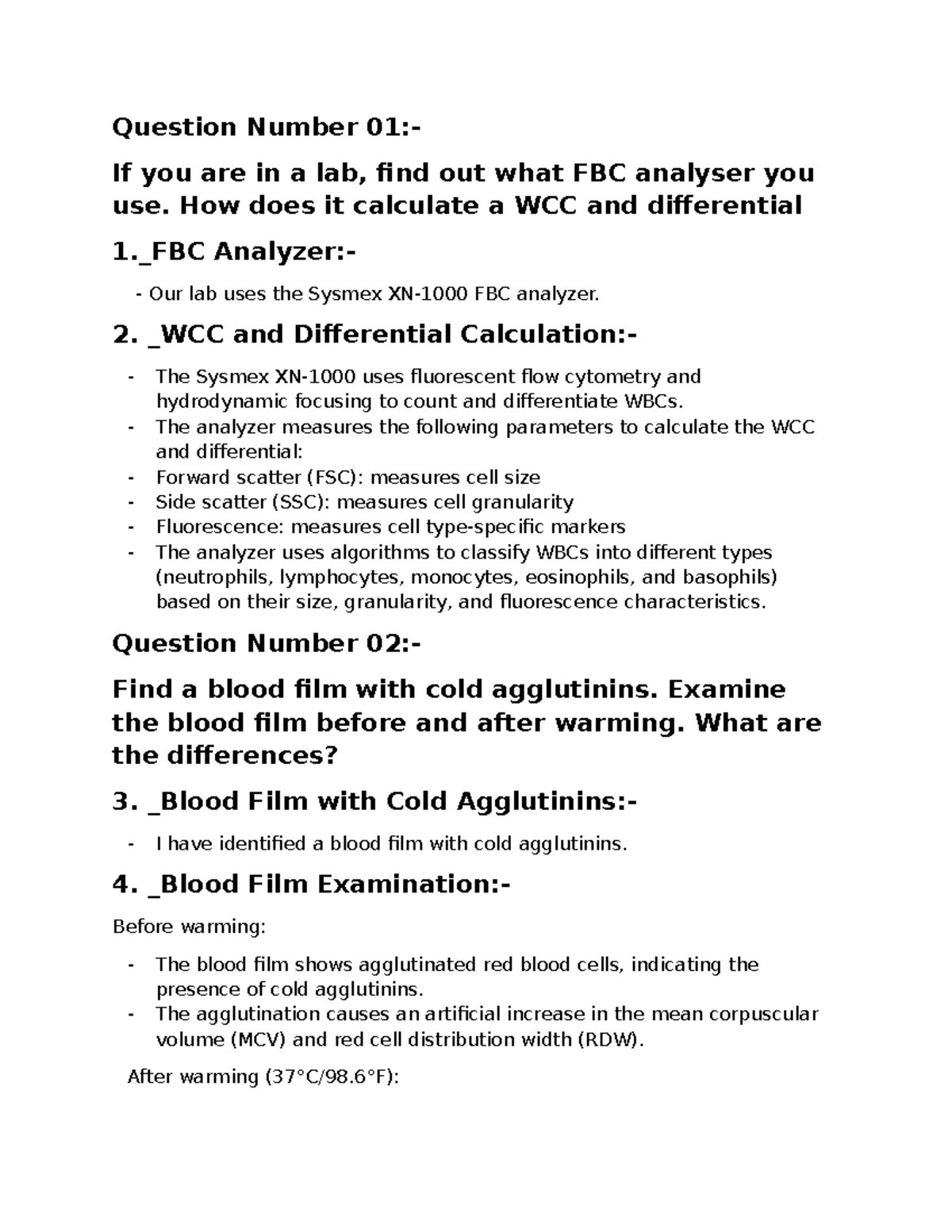 Practical Learning Activity 1.2: FBC Analyzer & Blood Film Examination ...